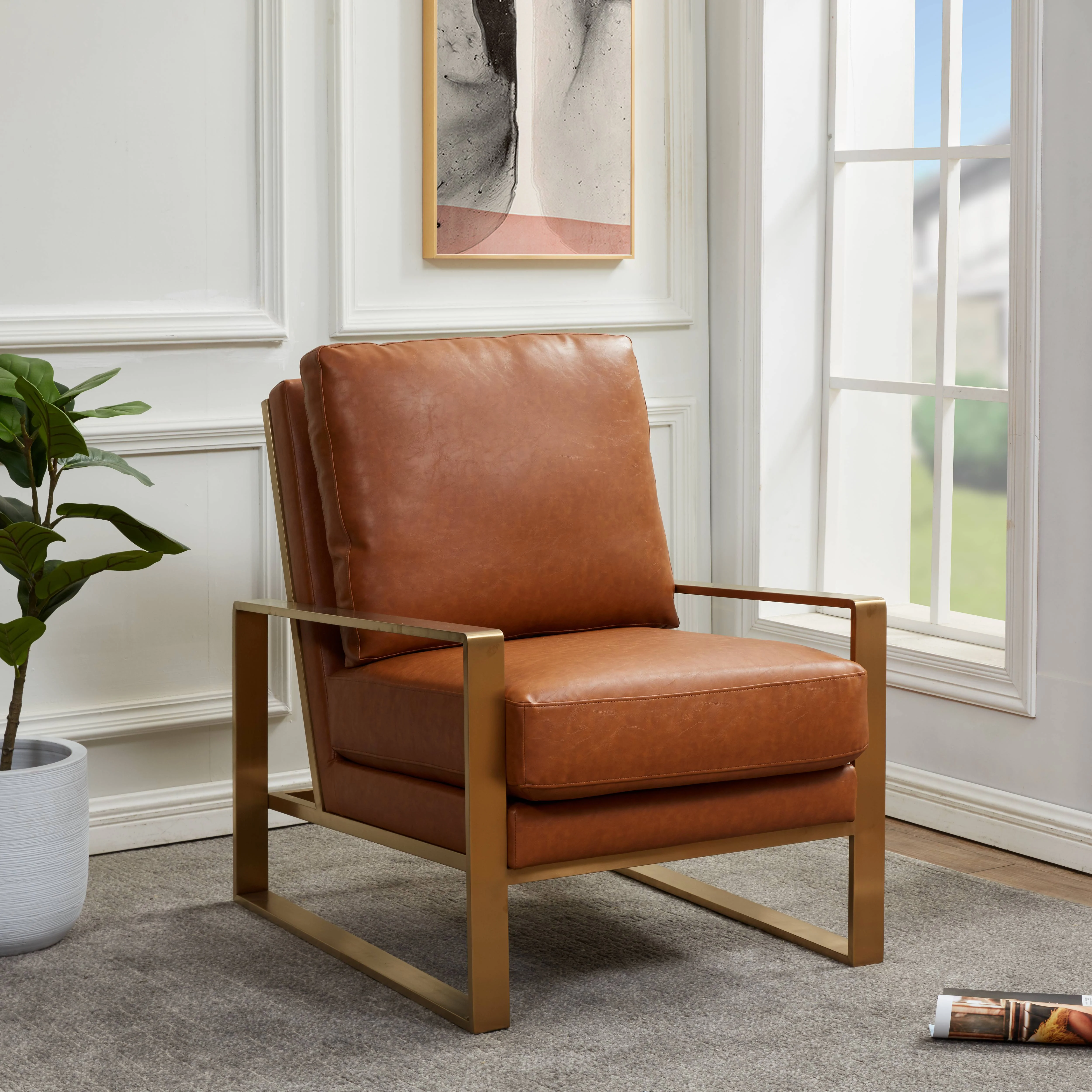 Jefferson Leather Modern Design Accent Armchair With Elegant Gold Frame