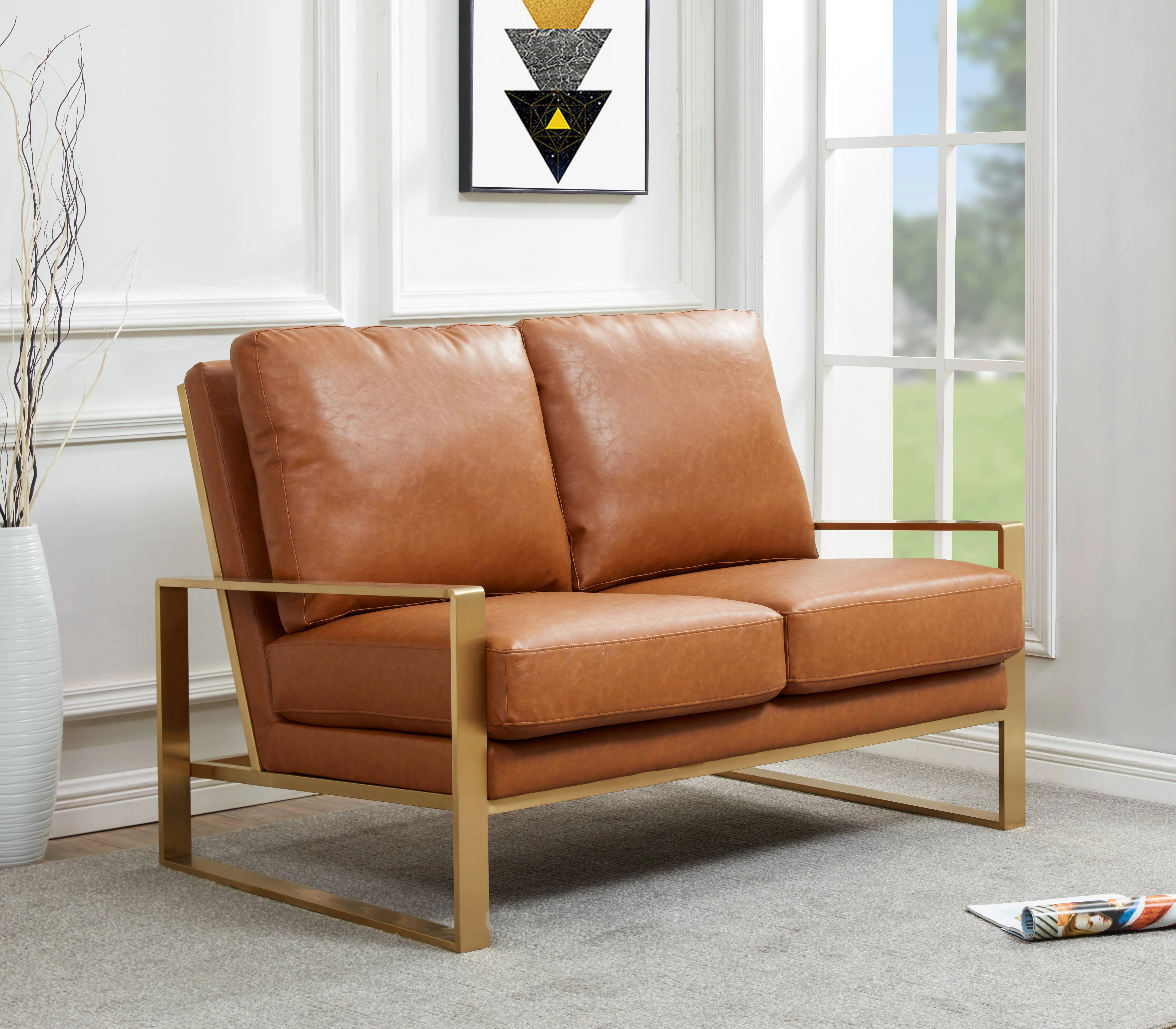 Jefferson - Leather Loveseat - Gold Frame - Cognac Tan