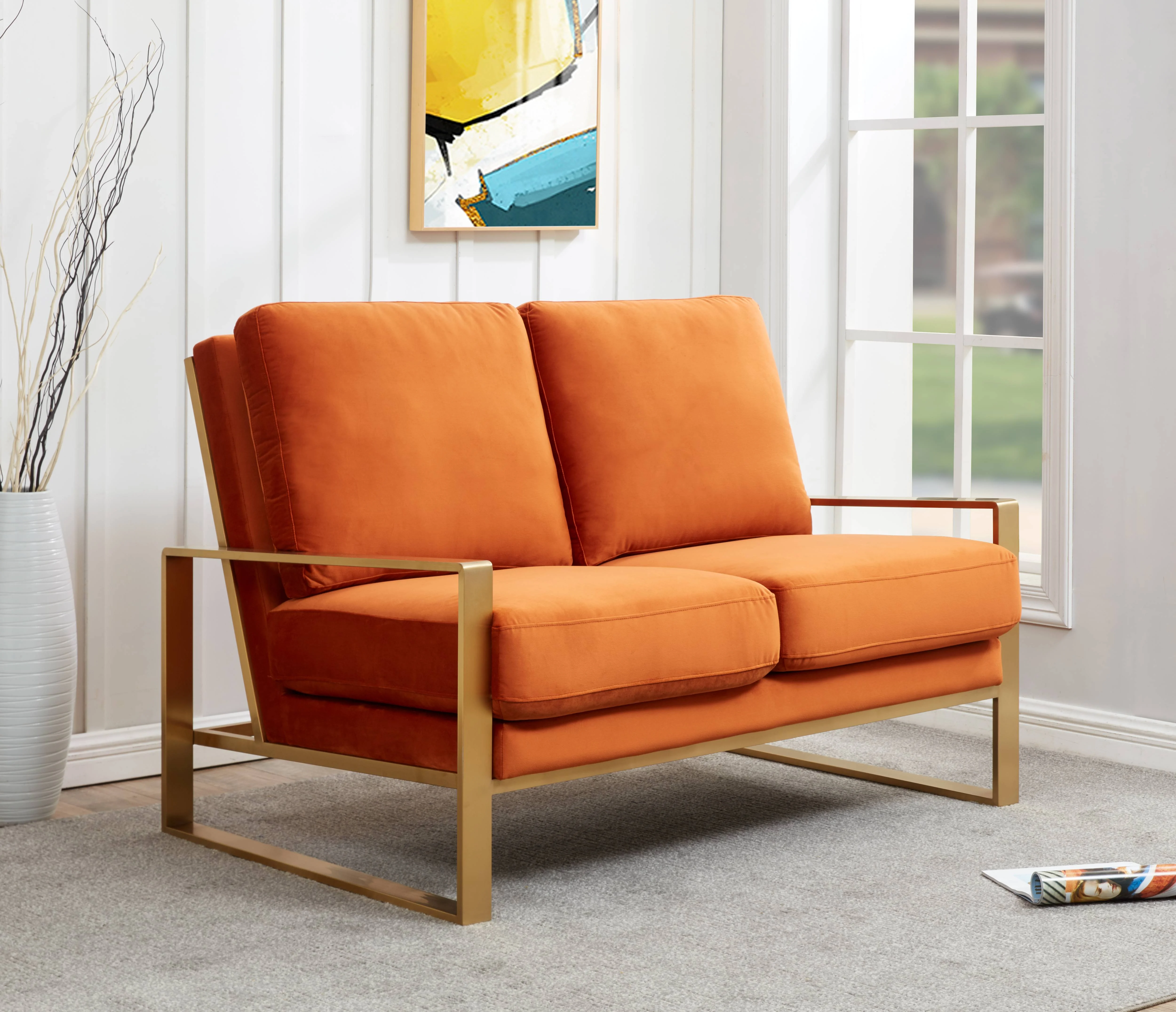 Jefferson Contemporary Modern Velvet Loveseat With Gold Frame
