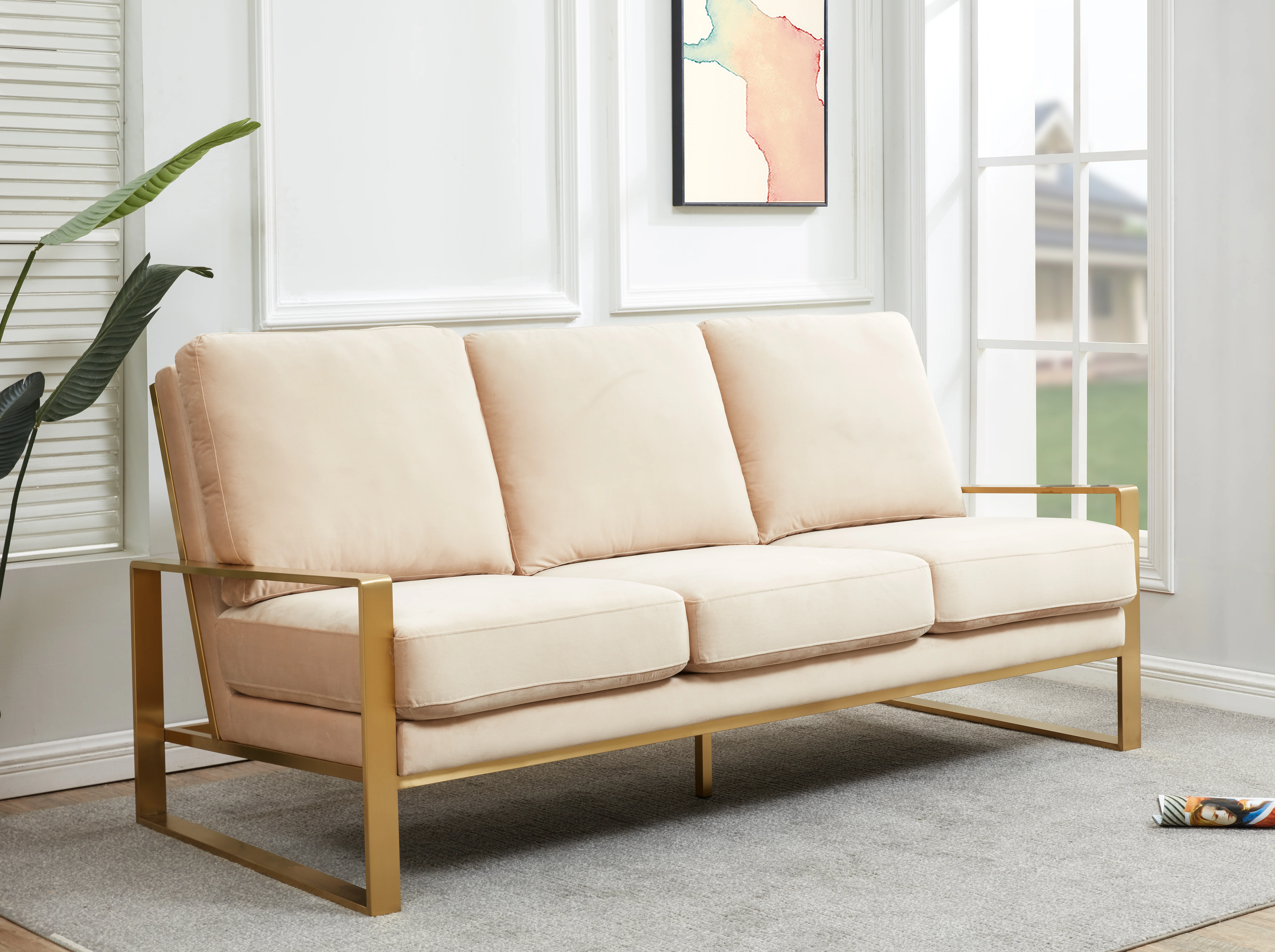 Jefferson Contemporary Modern Design Velvet Sofa With Gold Frame.