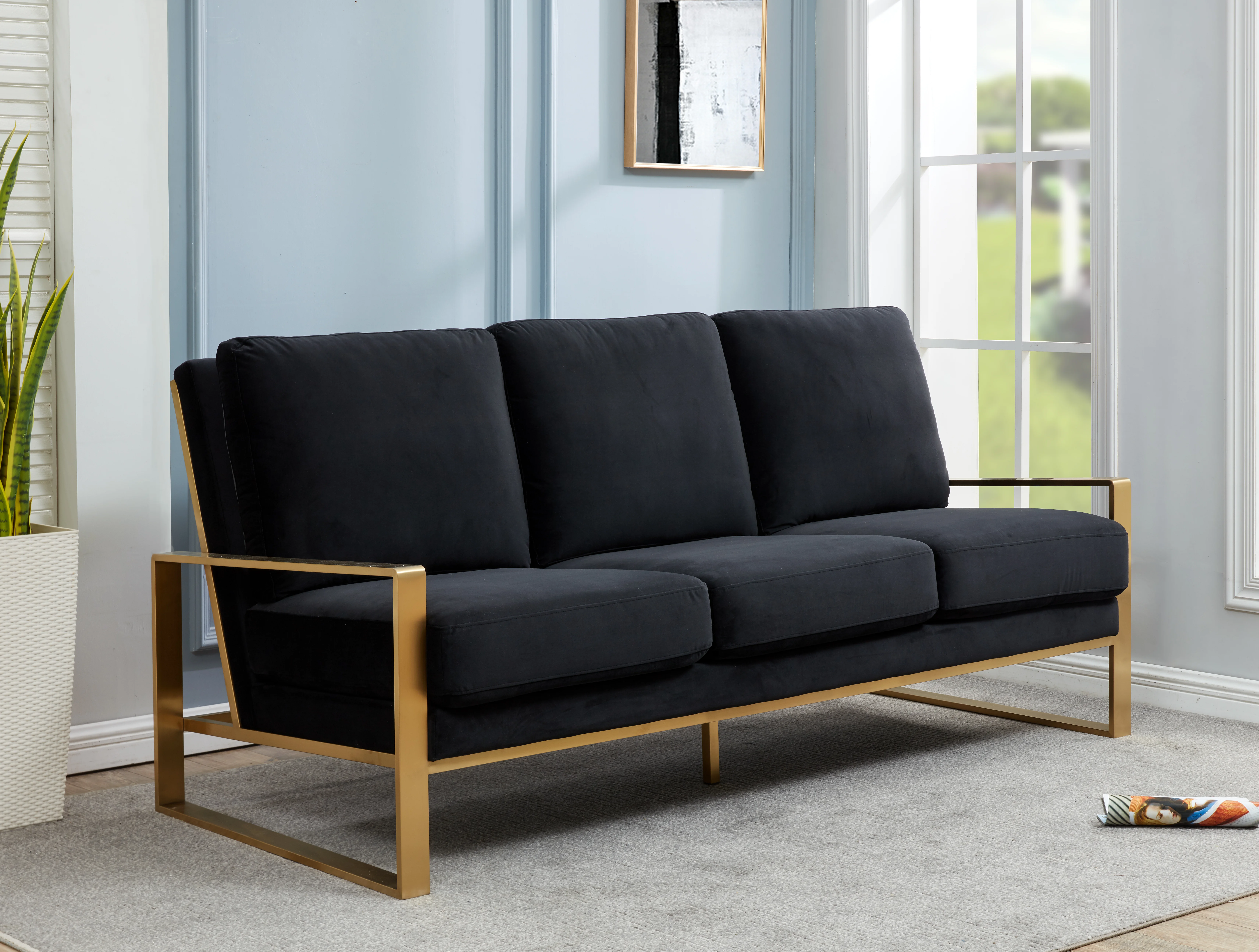 Jefferson Contemporary Modern Design Velvet Sofa With Gold Frame.