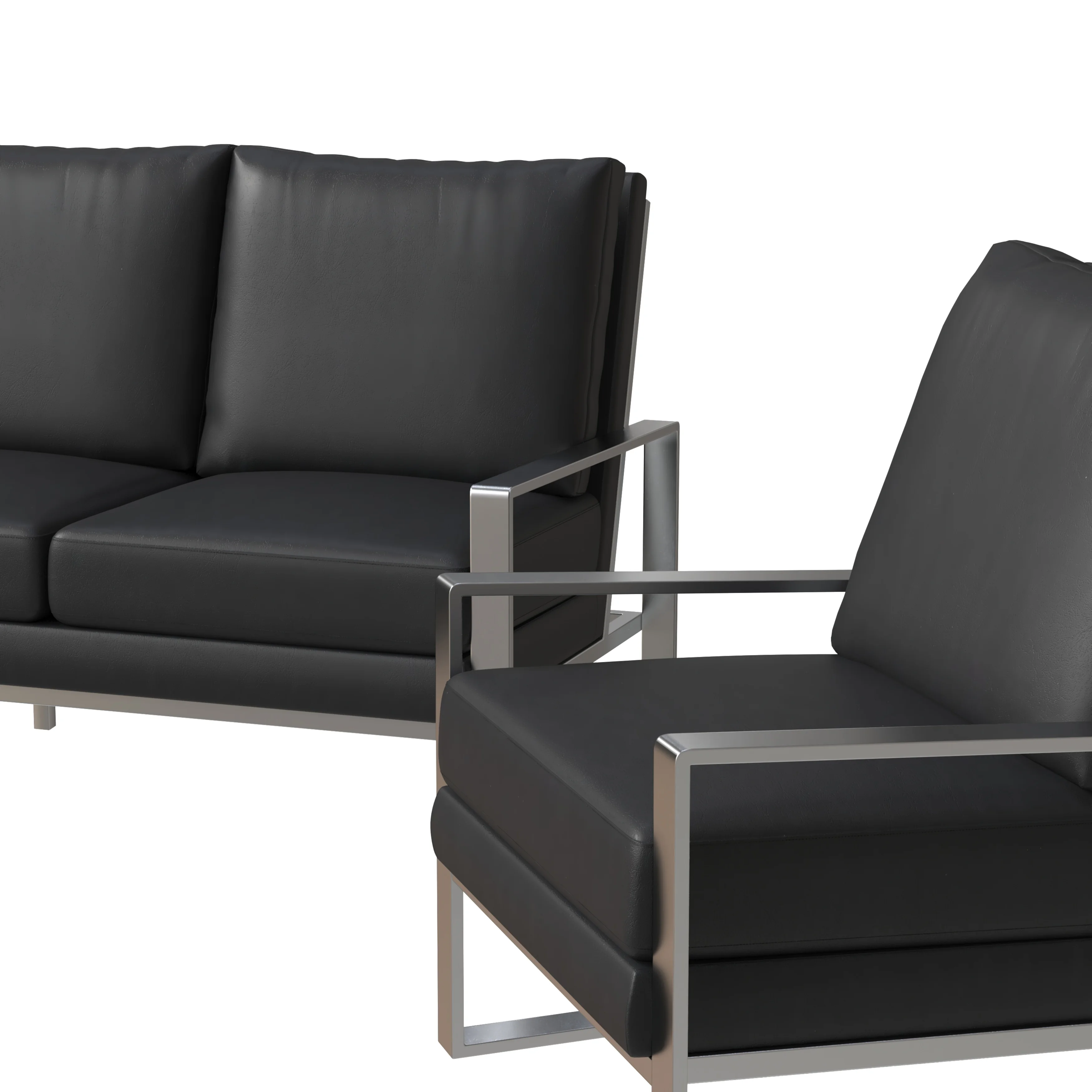 Jefferson Leather 3-Piece Living Room Sofa Set With Elegant Silver Frame Black
