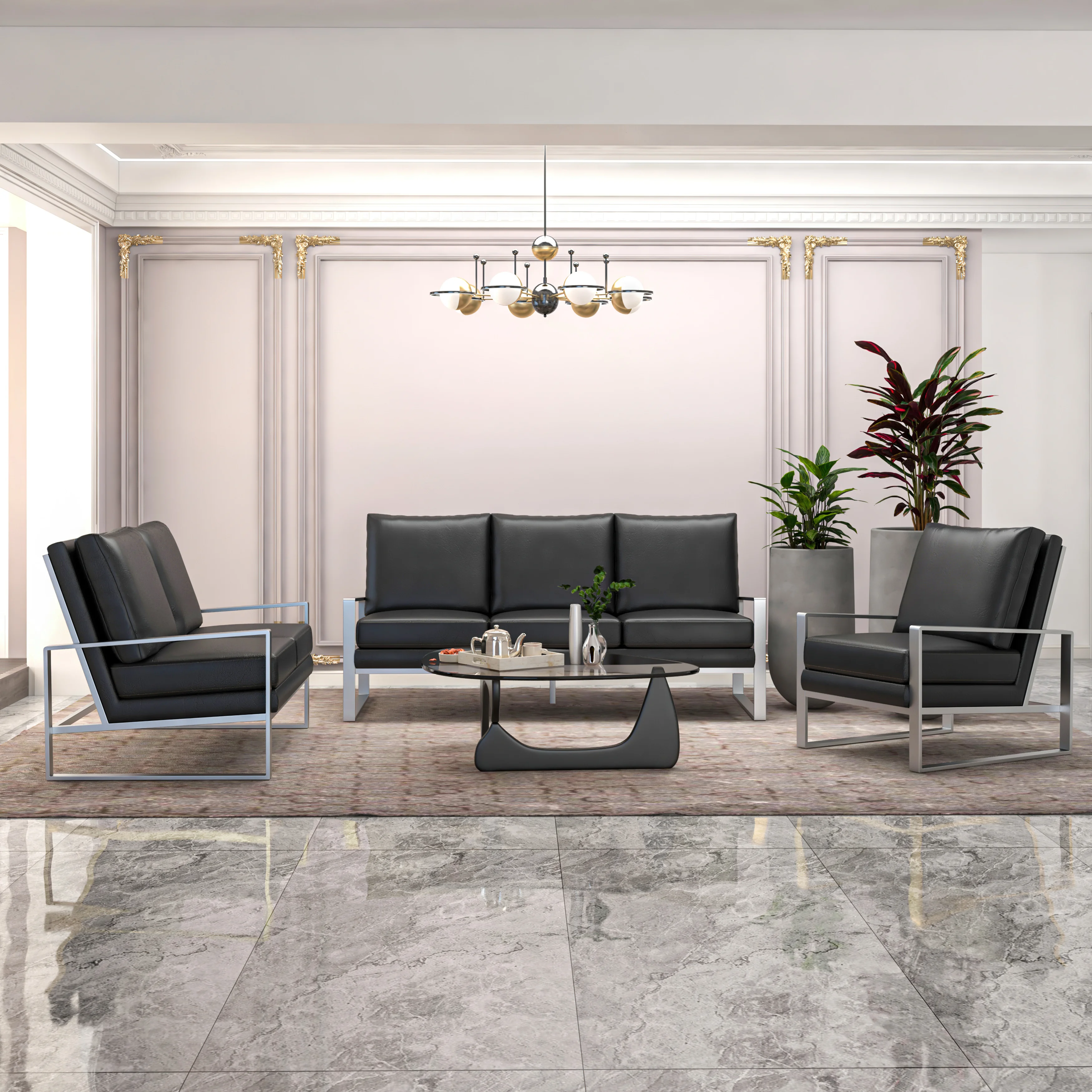 Jefferson Leather 3-Piece Living Room Sofa Set With Elegant Silver Frame Black