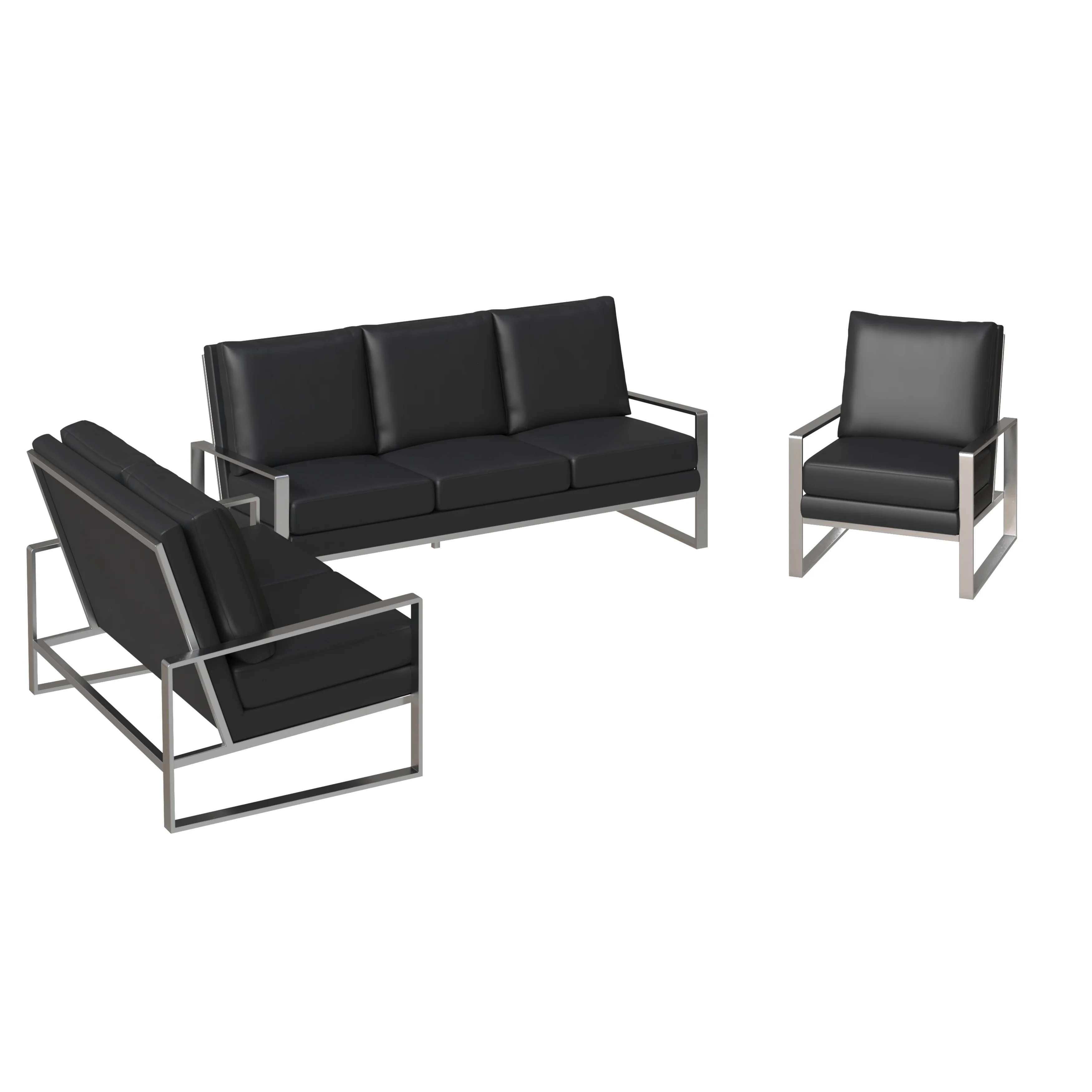 Jefferson Leather 3-Piece Living Room Sofa Set With Elegant Silver Frame Black