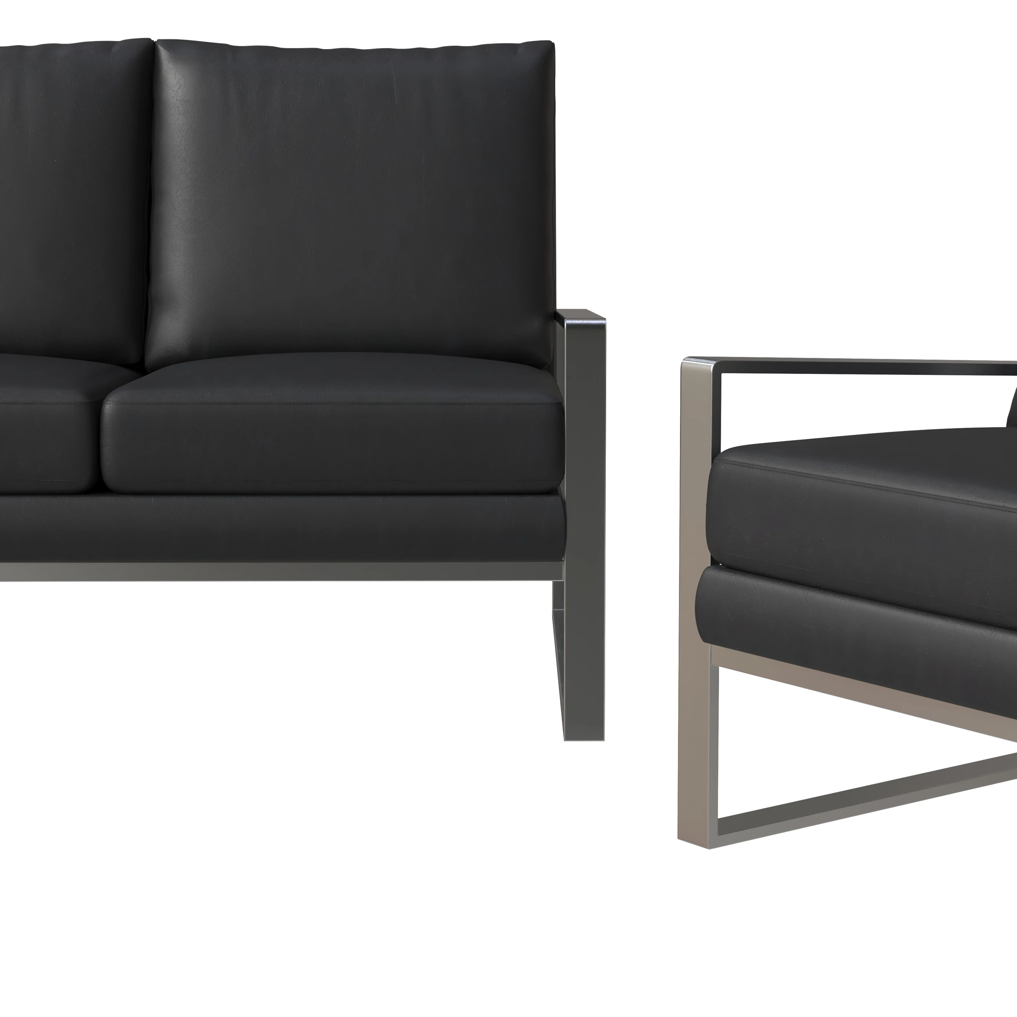 Jefferson Leather 3-Piece Living Room Sofa Set With Elegant Silver Frame Black