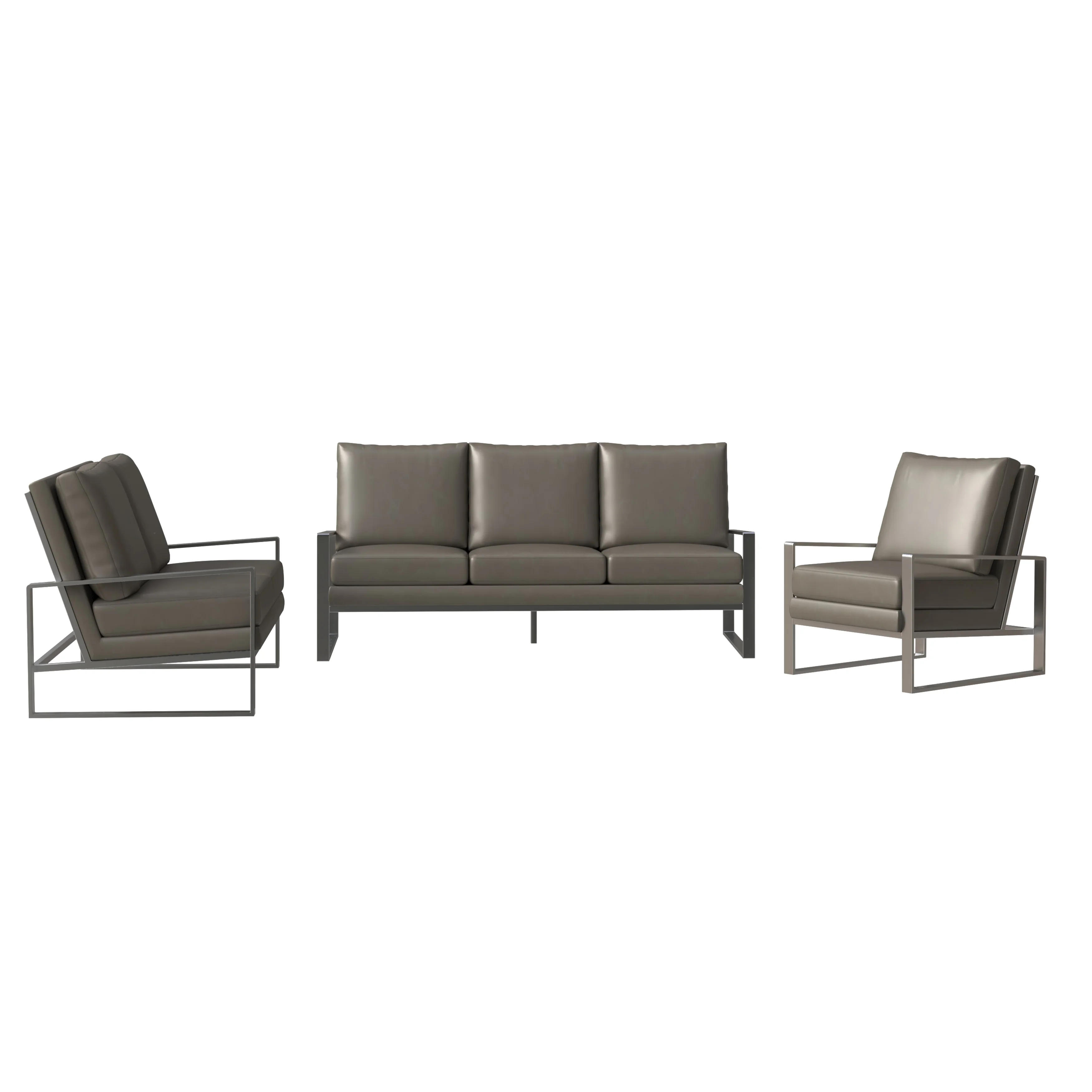 Jefferson Leather 3-Piece Living Room Sofa Set With Elegant Silver Frame Grey