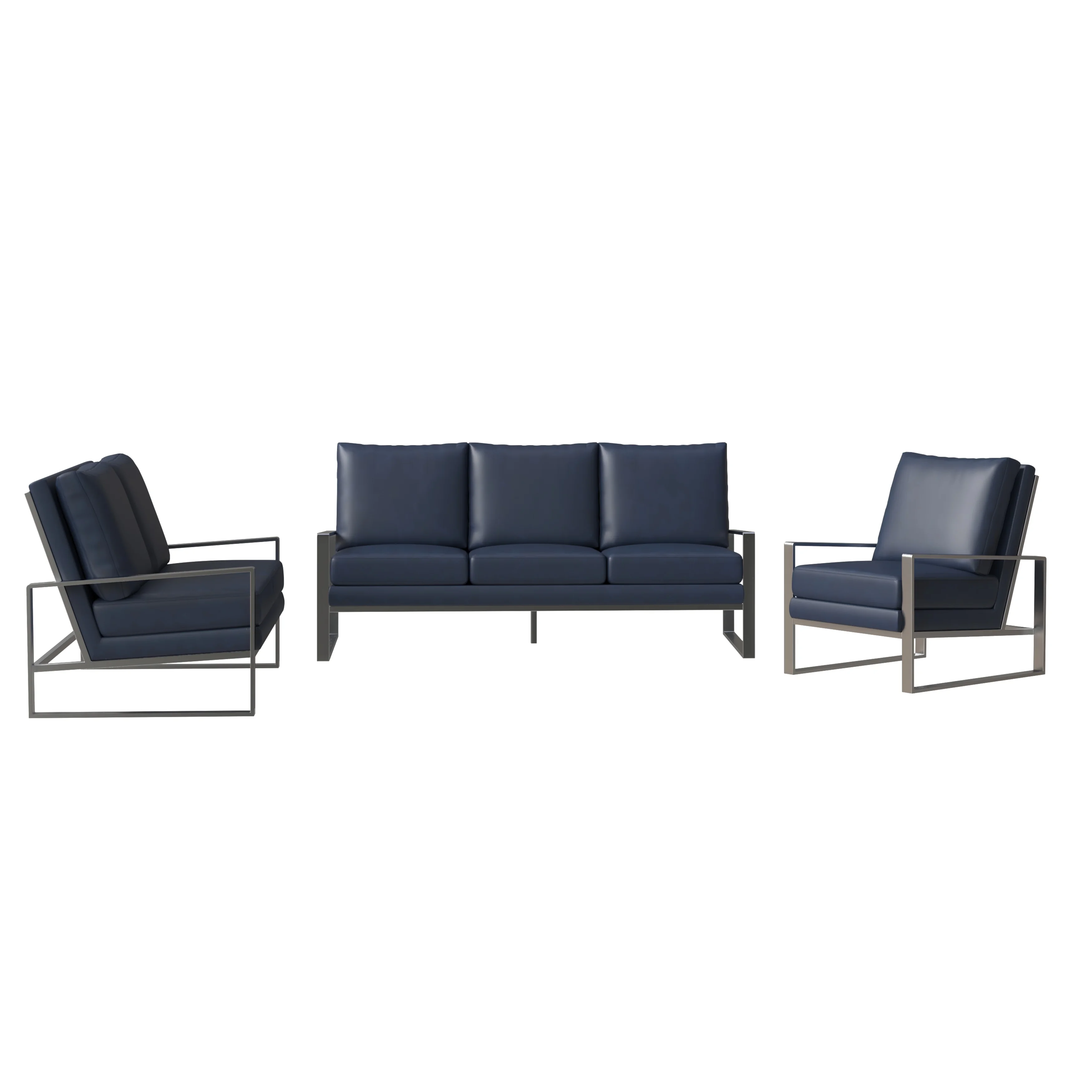 Jefferson Leather 3-Piece Living Room Sofa Set With Elegant Silver Frame Navy Blue