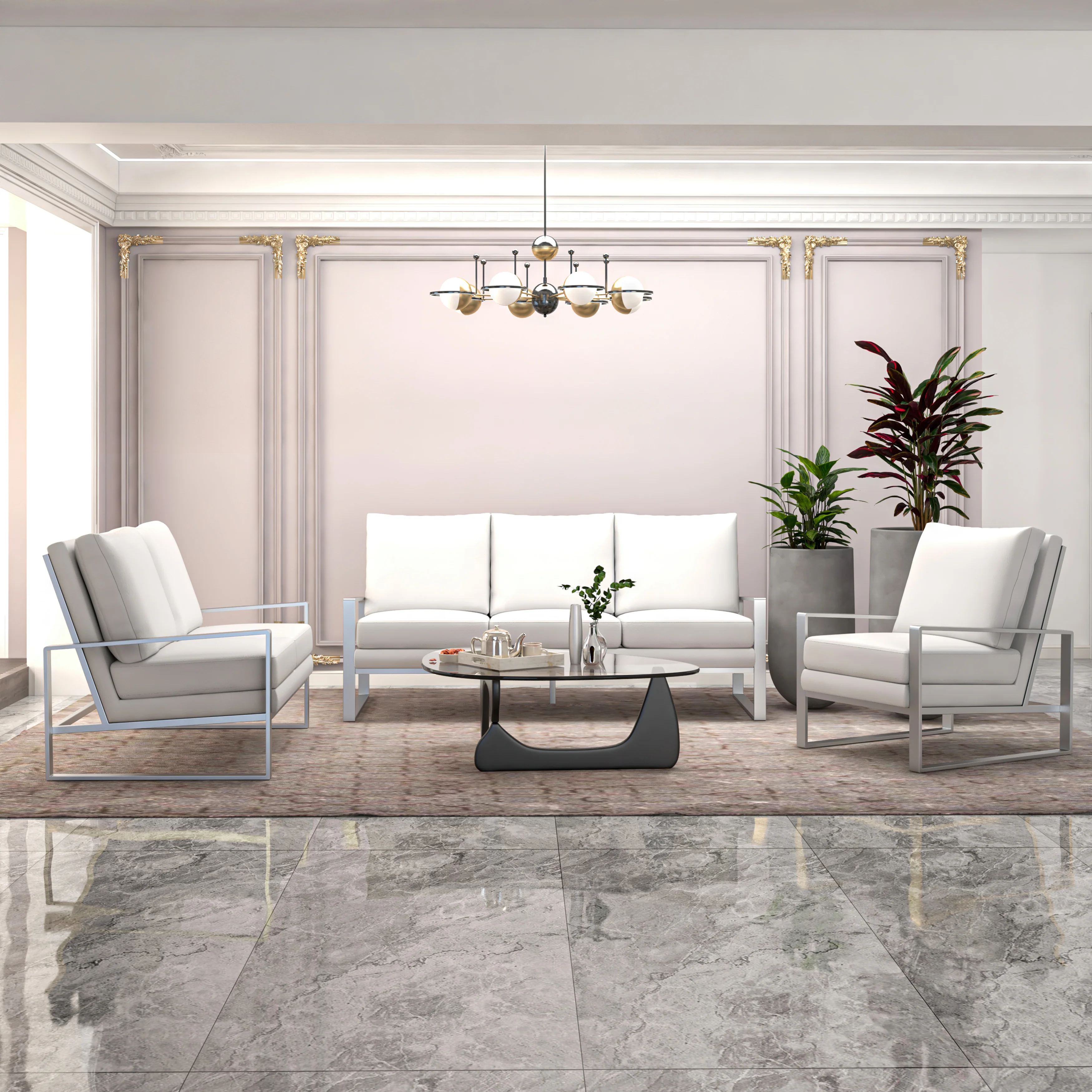 Jefferson Leather 3-Piece Living Room Sofa Set With Elegant Silver Frame White