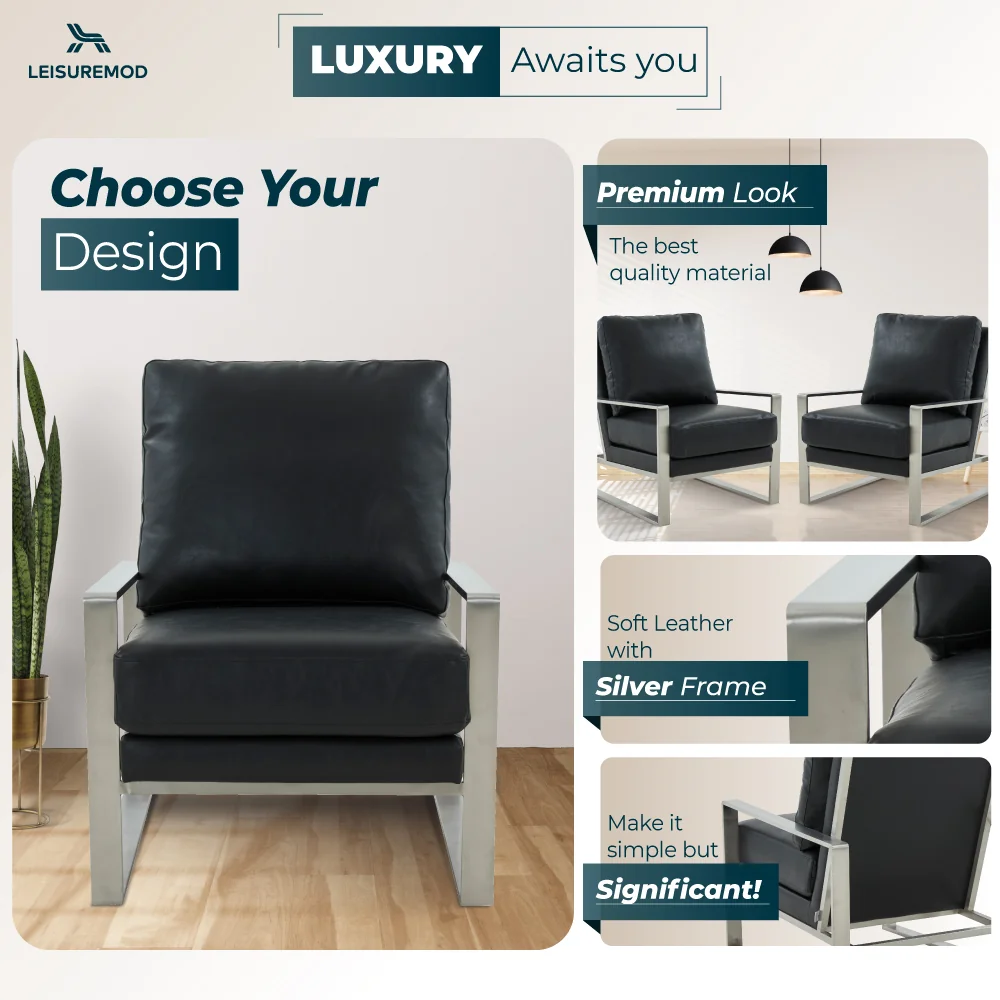 Jefferson Leather Modern Design Accent Armchair With Elegant Silver Frame
