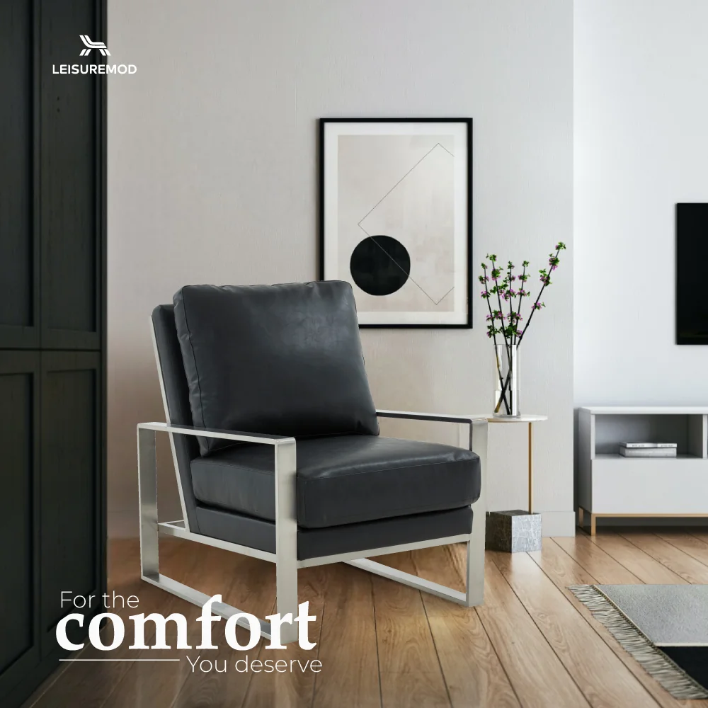 Jefferson Leather Modern Design Accent Armchair With Elegant Silver Frame