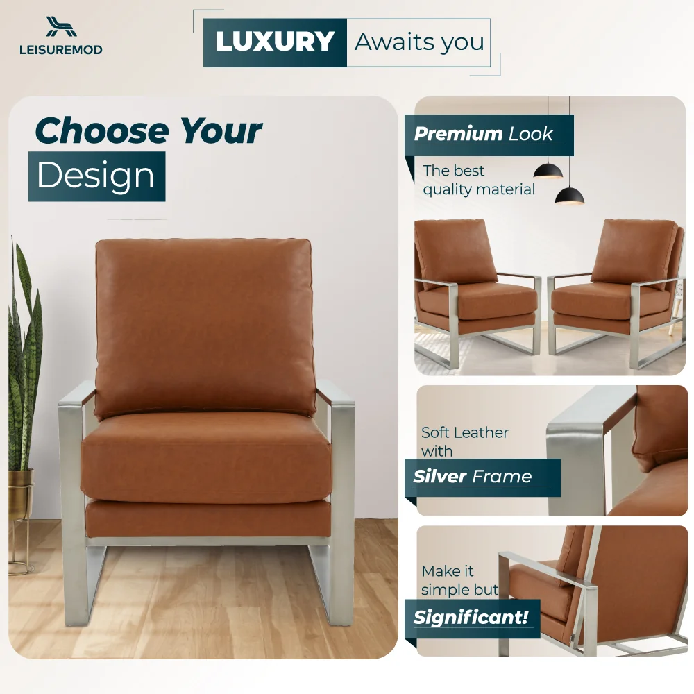 Jefferson Leather Modern Design Accent Armchair With Elegant Silver Frame