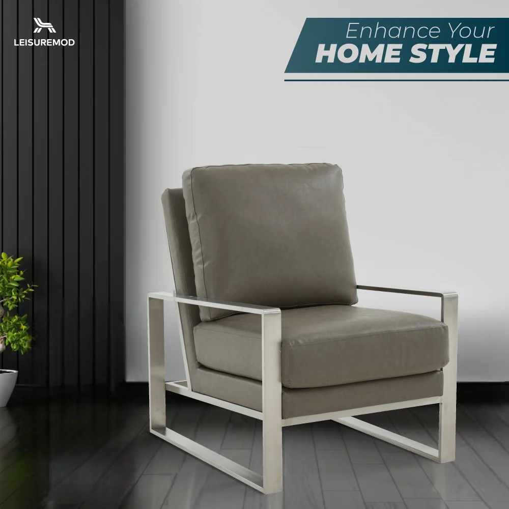 Jefferson Leather Modern Design Accent Armchair With Elegant Silver Frame