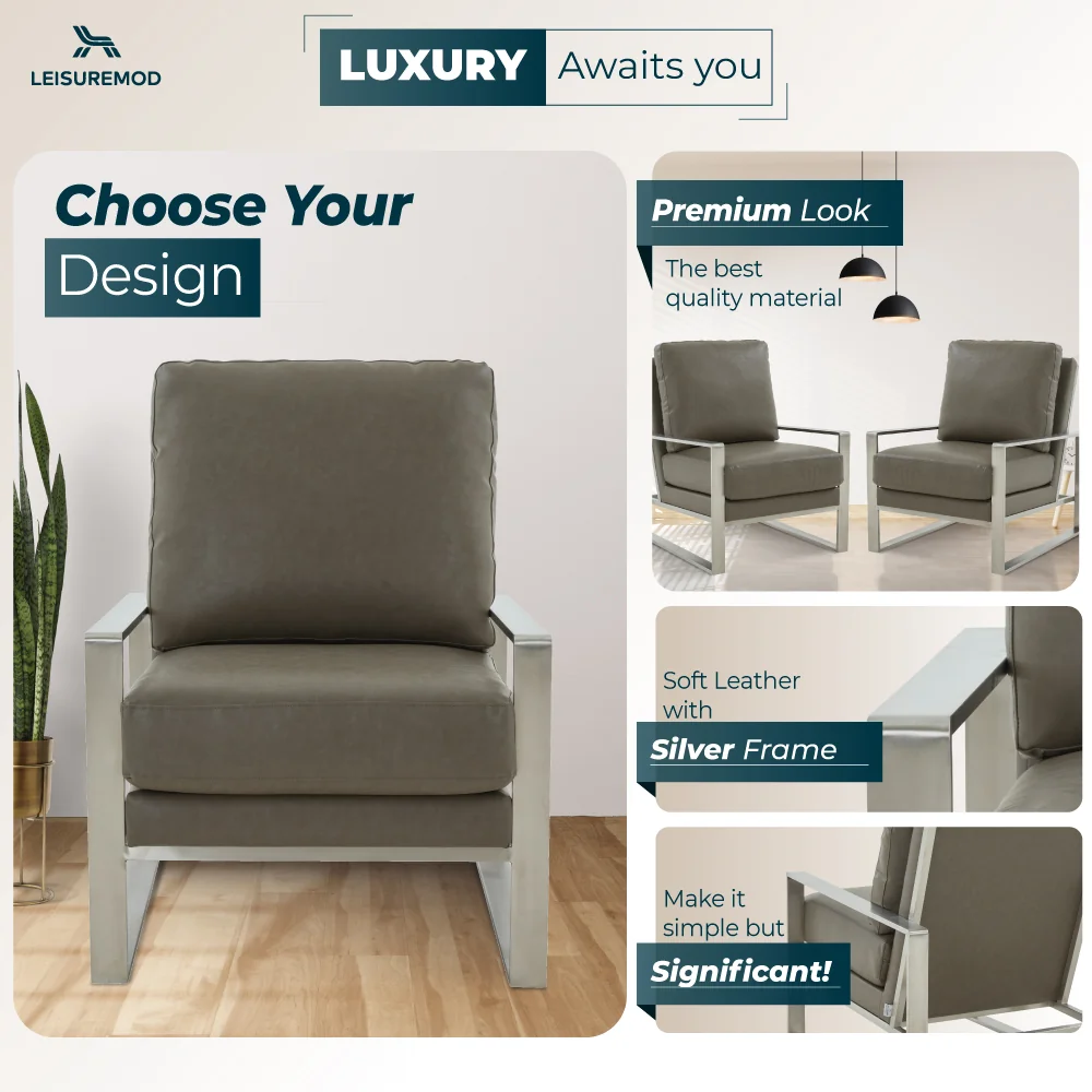 Jefferson Leather Modern Design Accent Armchair With Elegant Silver Frame
