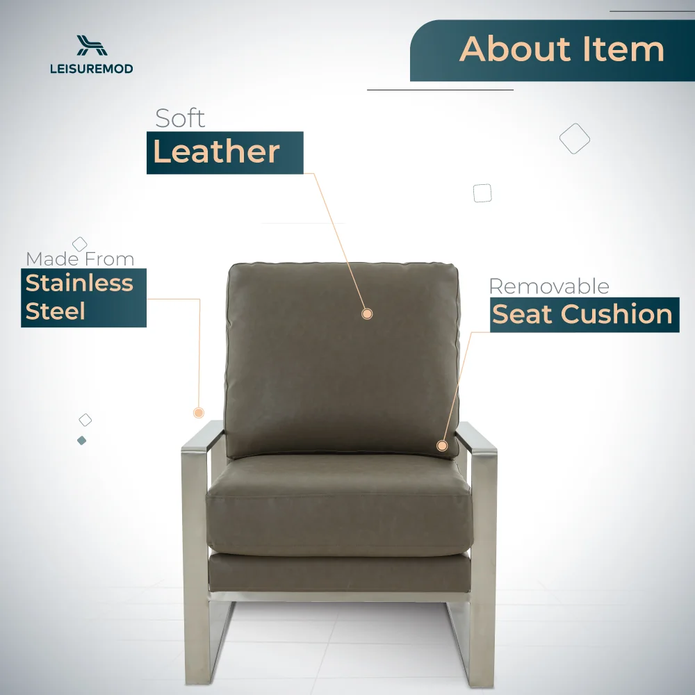 Jefferson Leather Modern Design Accent Armchair With Elegant Silver Frame