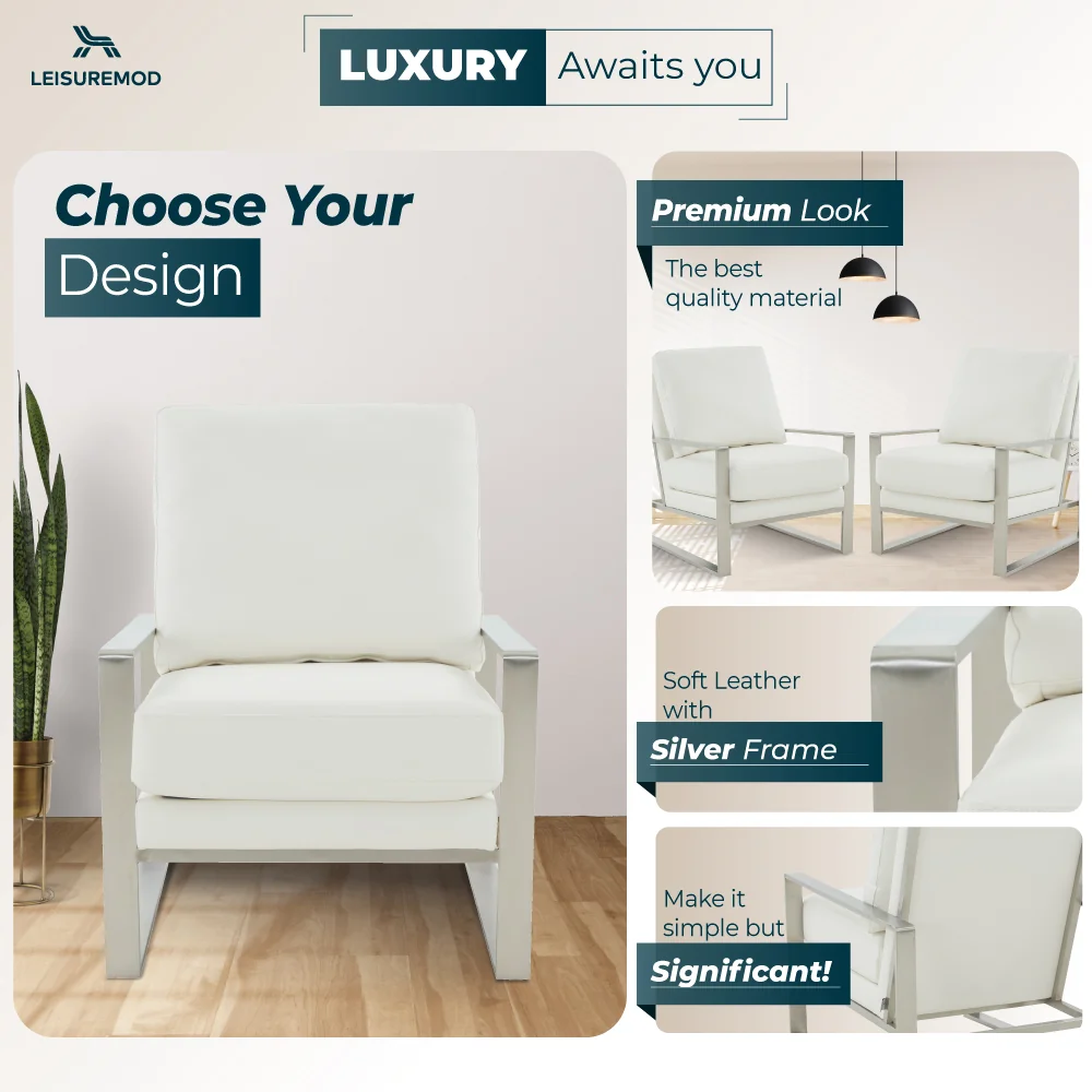 Jefferson Leather Modern Design Accent Armchair With Elegant Silver Frame