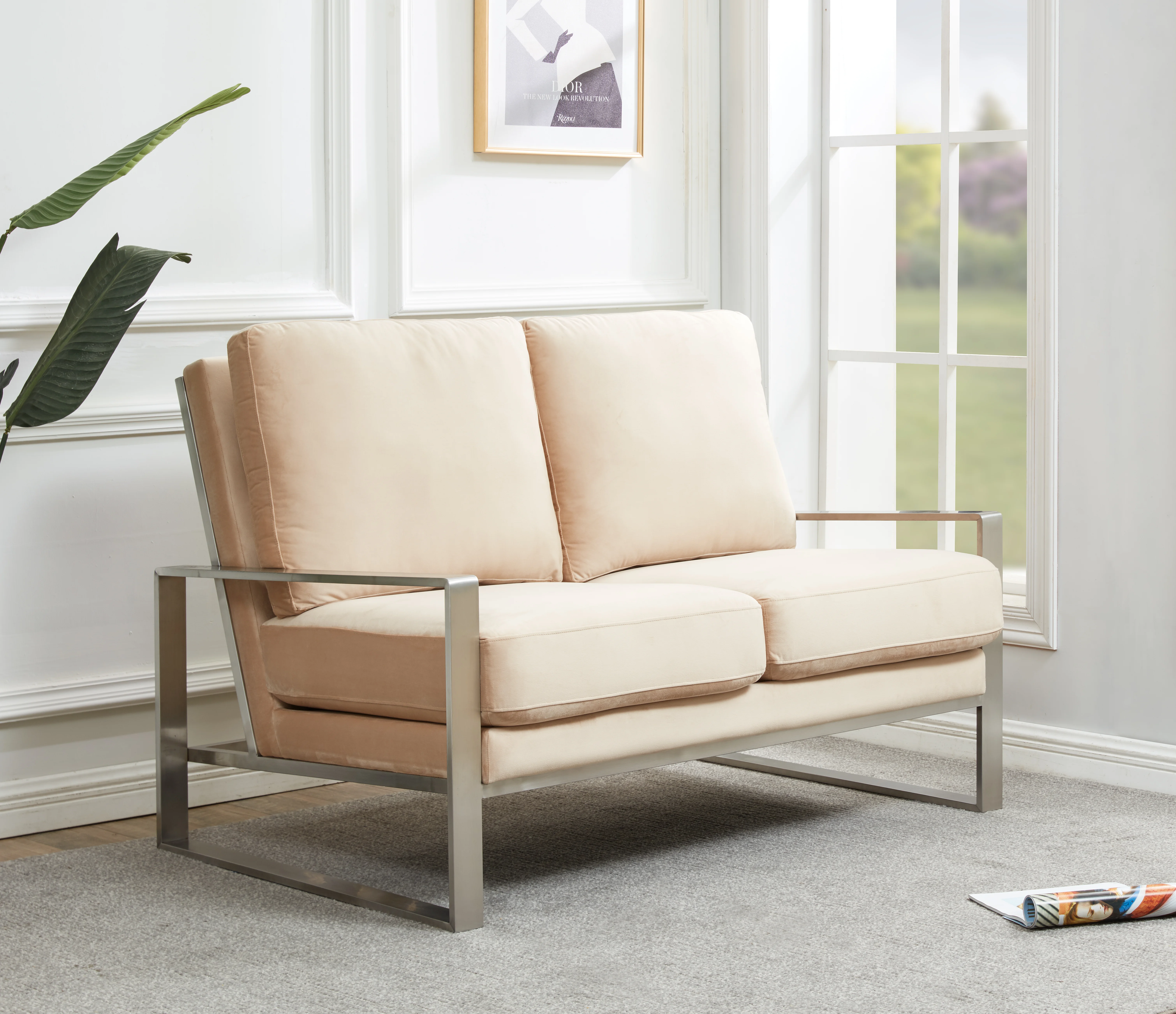 Jefferson Contemporary Modern Velvet Loveseat With Silver Frame