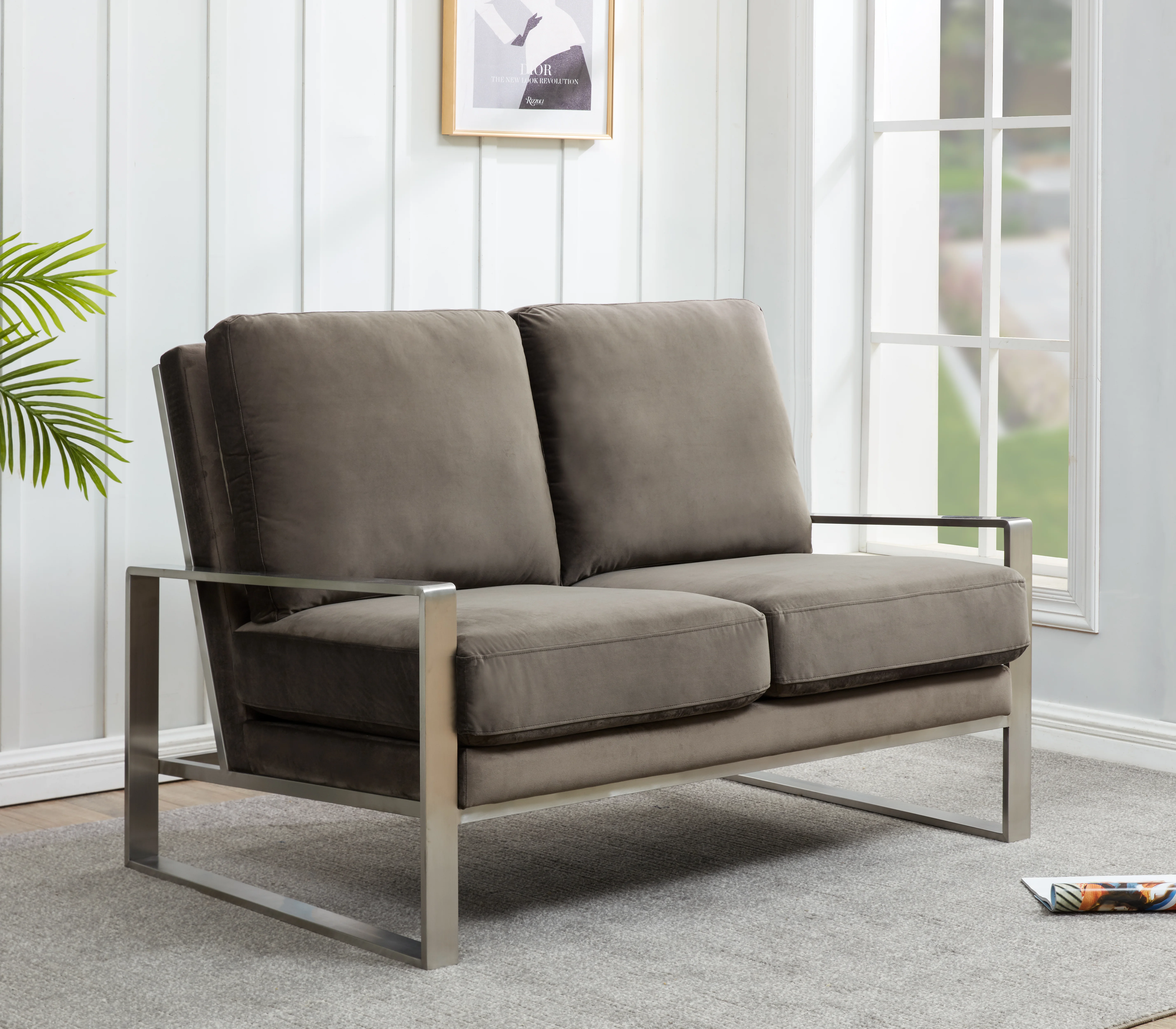 Jefferson Contemporary Modern Velvet Loveseat With Silver Frame