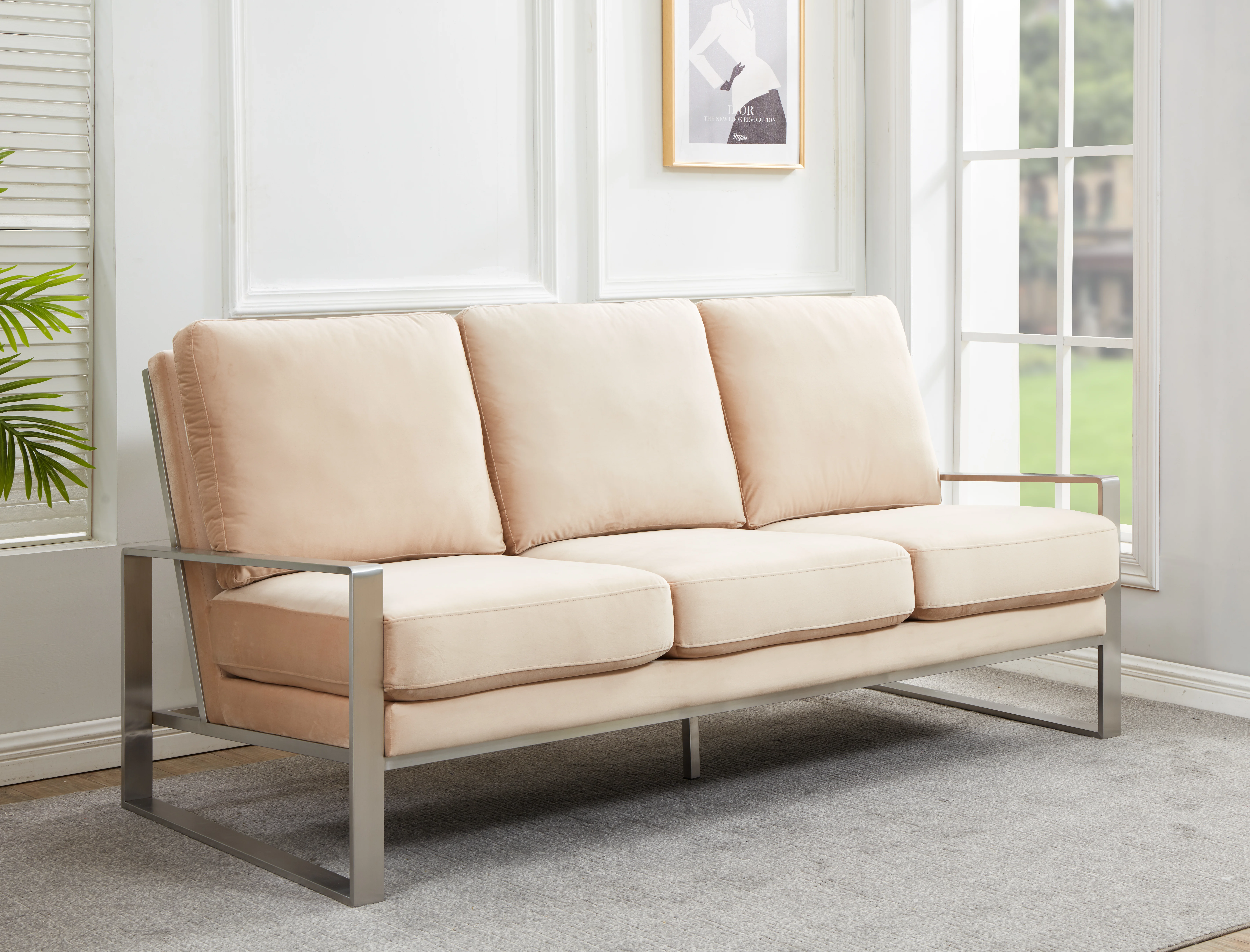 Jefferson Contemporary Modern Design Velvet Sofa With Silver Frame