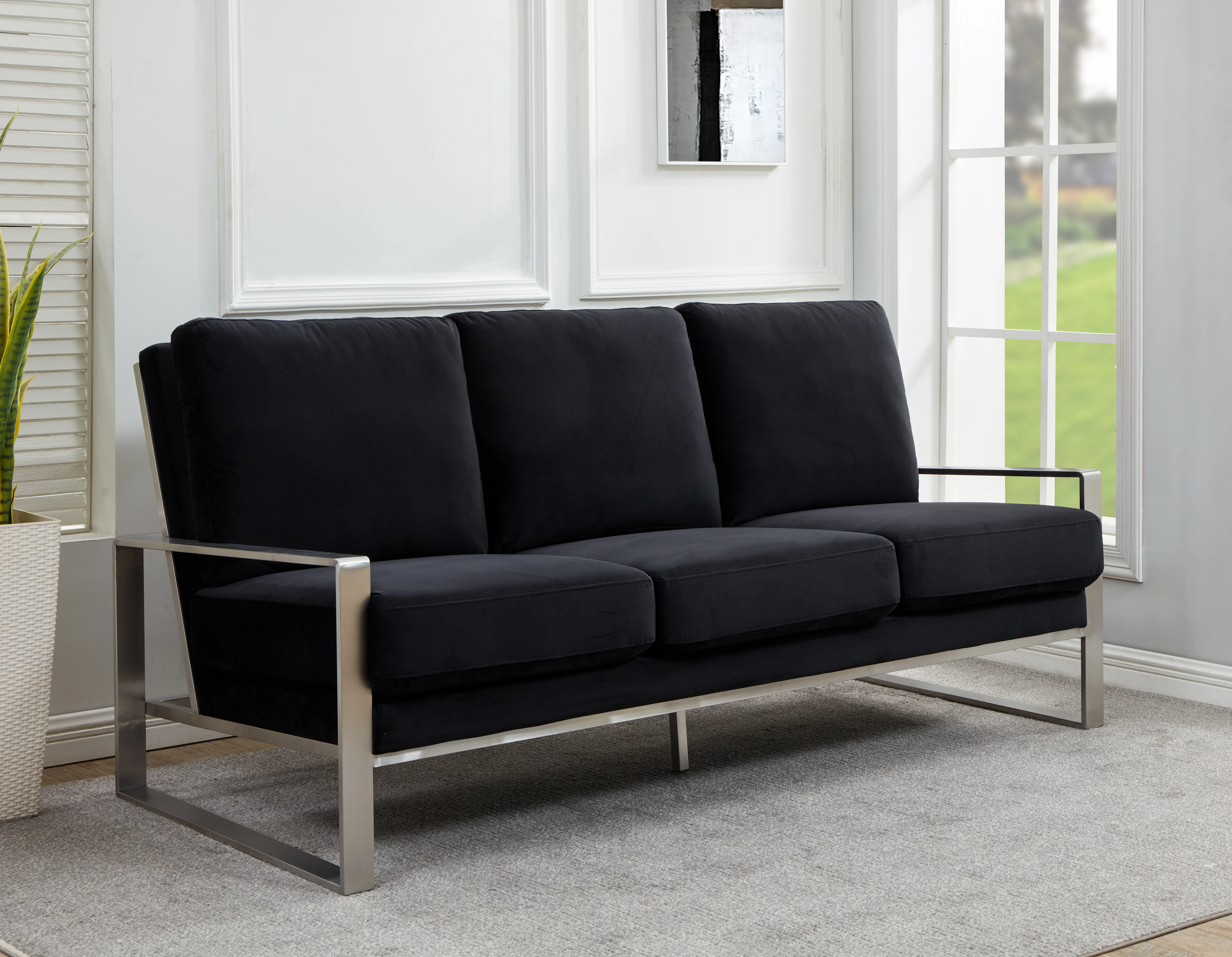 Jefferson Contemporary Modern Design Velvet Sofa With Silver Frame