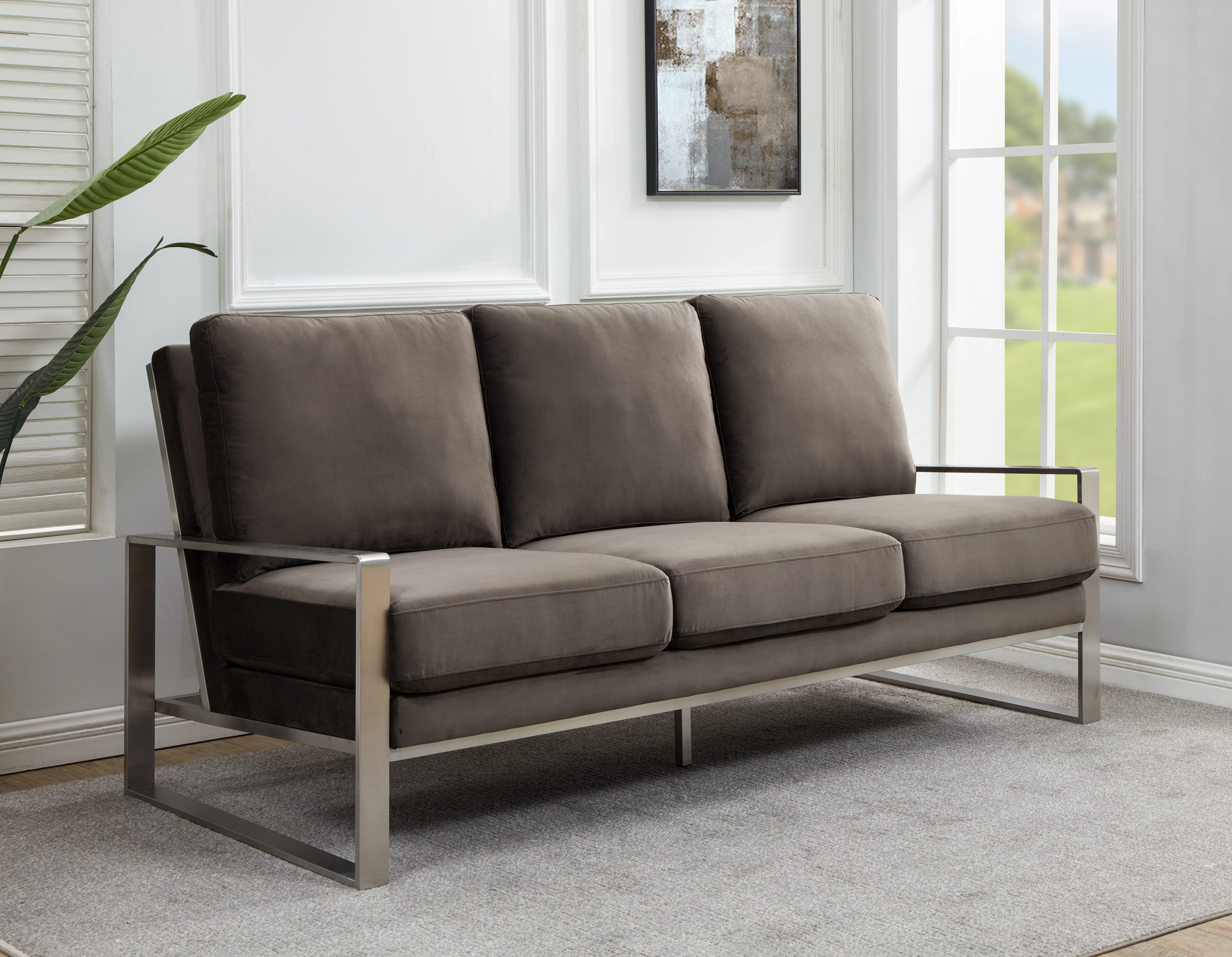 Jefferson Contemporary Modern Design Velvet Sofa With Silver Frame