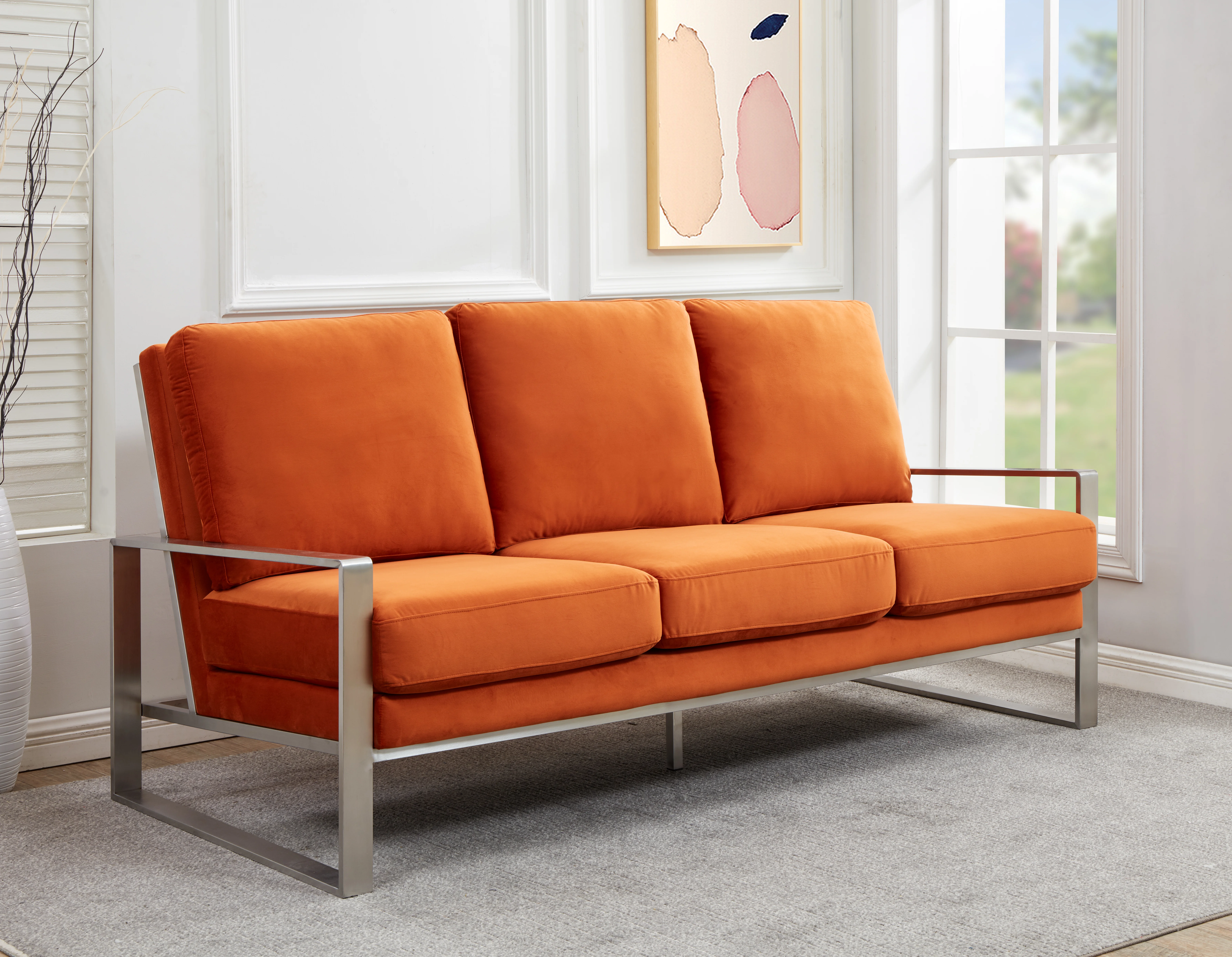 Jefferson Contemporary Modern Design Velvet Sofa With Silver Frame