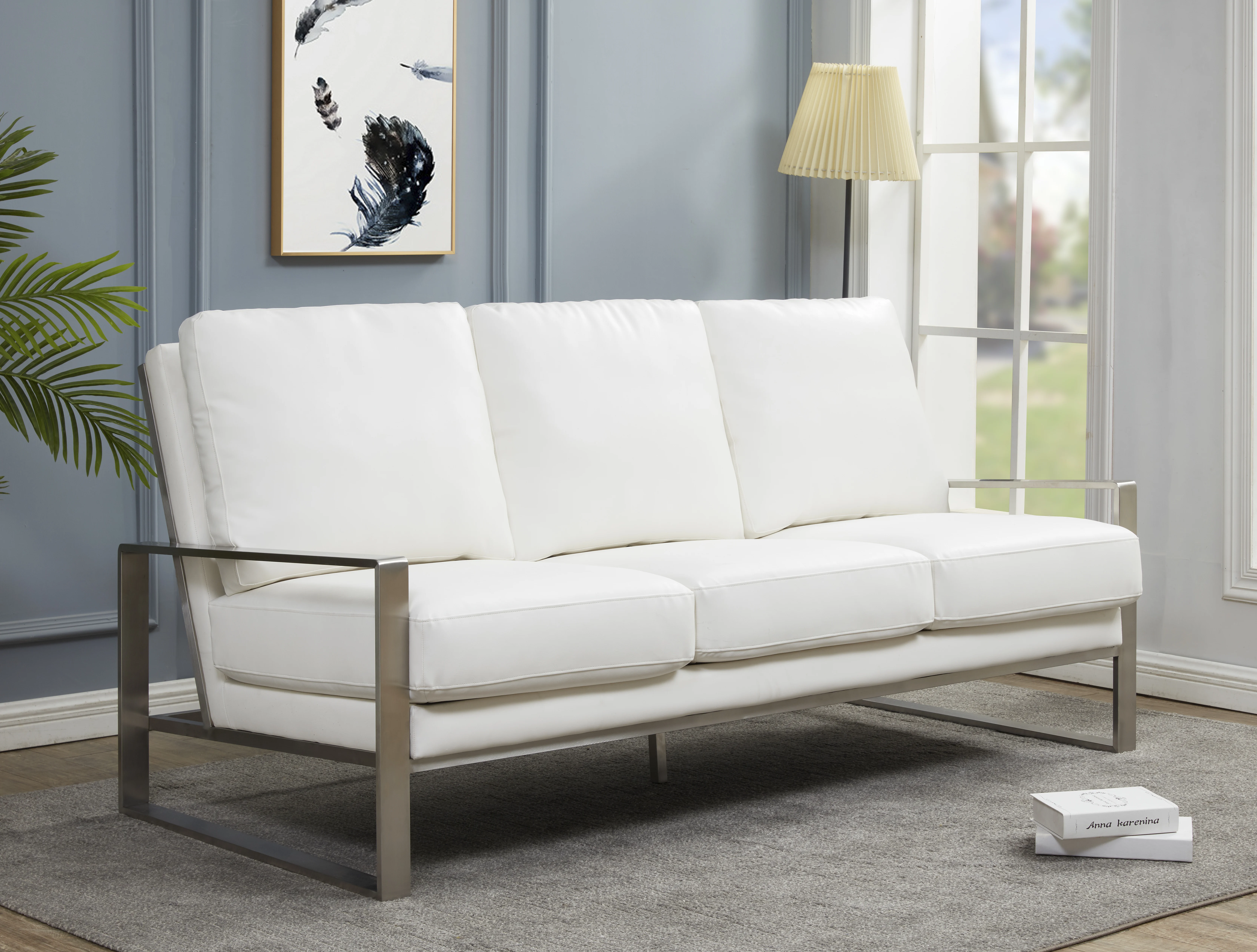 Jefferson Contemporary Modern Design Leather Sofa With Silver Frame