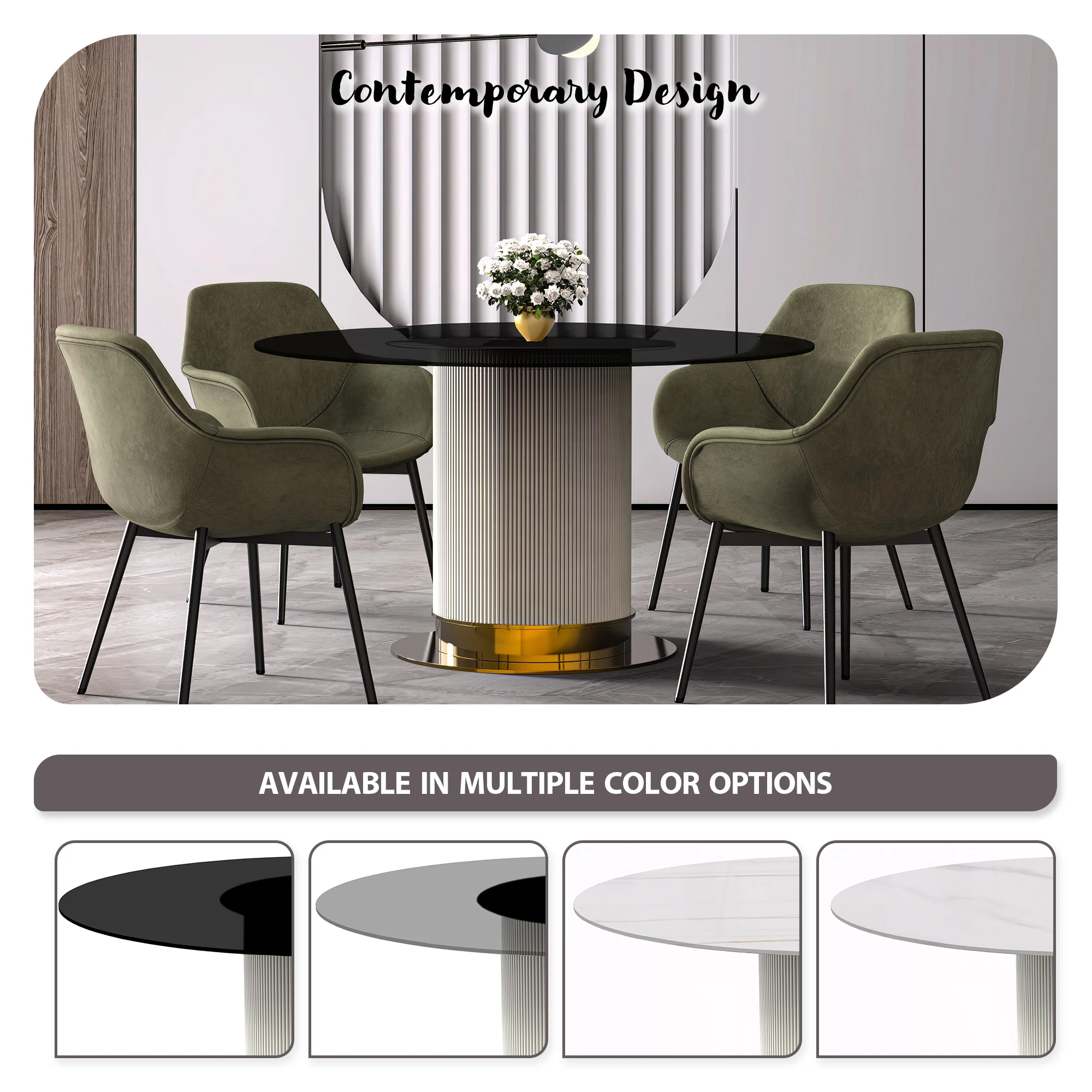 Jexis Series Round Dining Table White\Gold Base with 60 Round BLack Glass Top