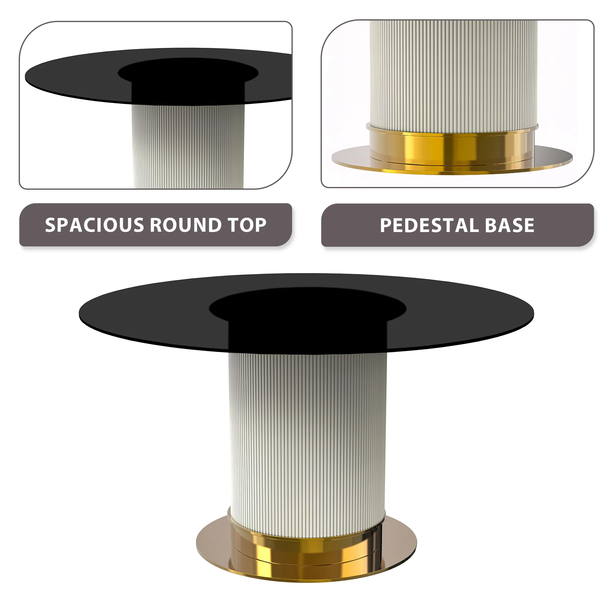 Jexis Series Round Dining Table White\Gold Base with 60 Round BLack Glass Top
