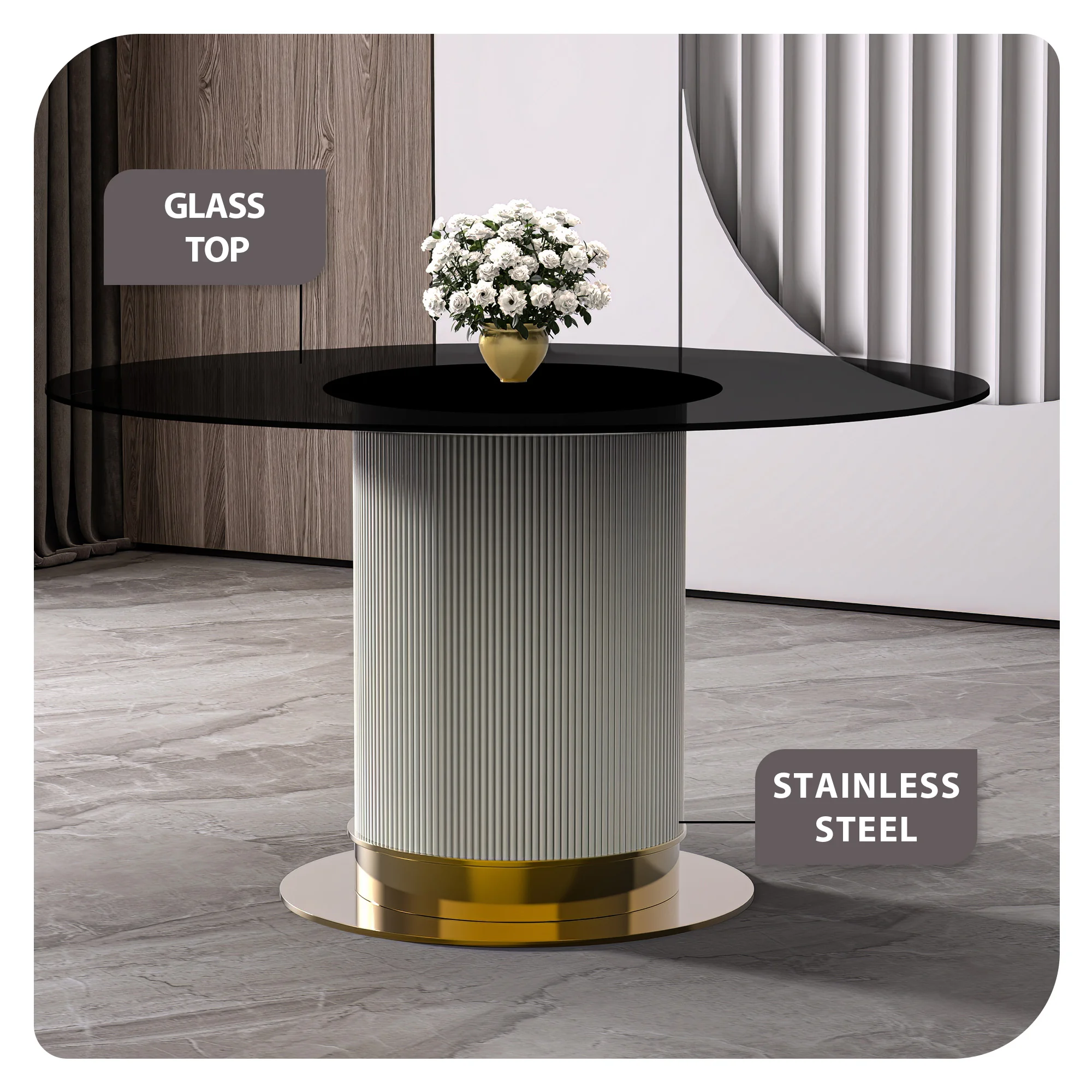 Jexis Series Round Dining Table White\Gold Base with 60 Round BLack Glass Top