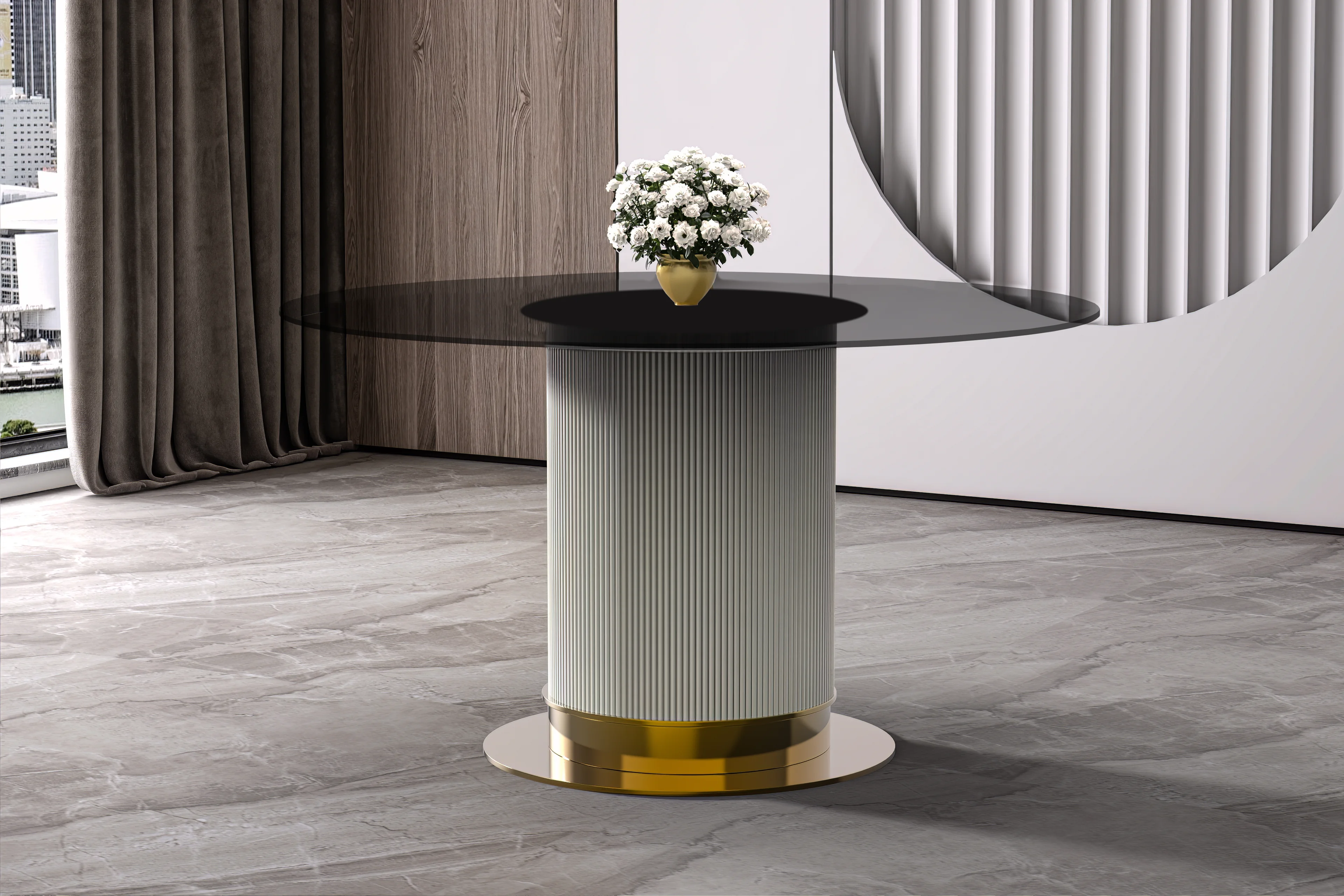 Jexis Series Round Dining Table White\Gold Base with 60 Round Clear Glass Top
