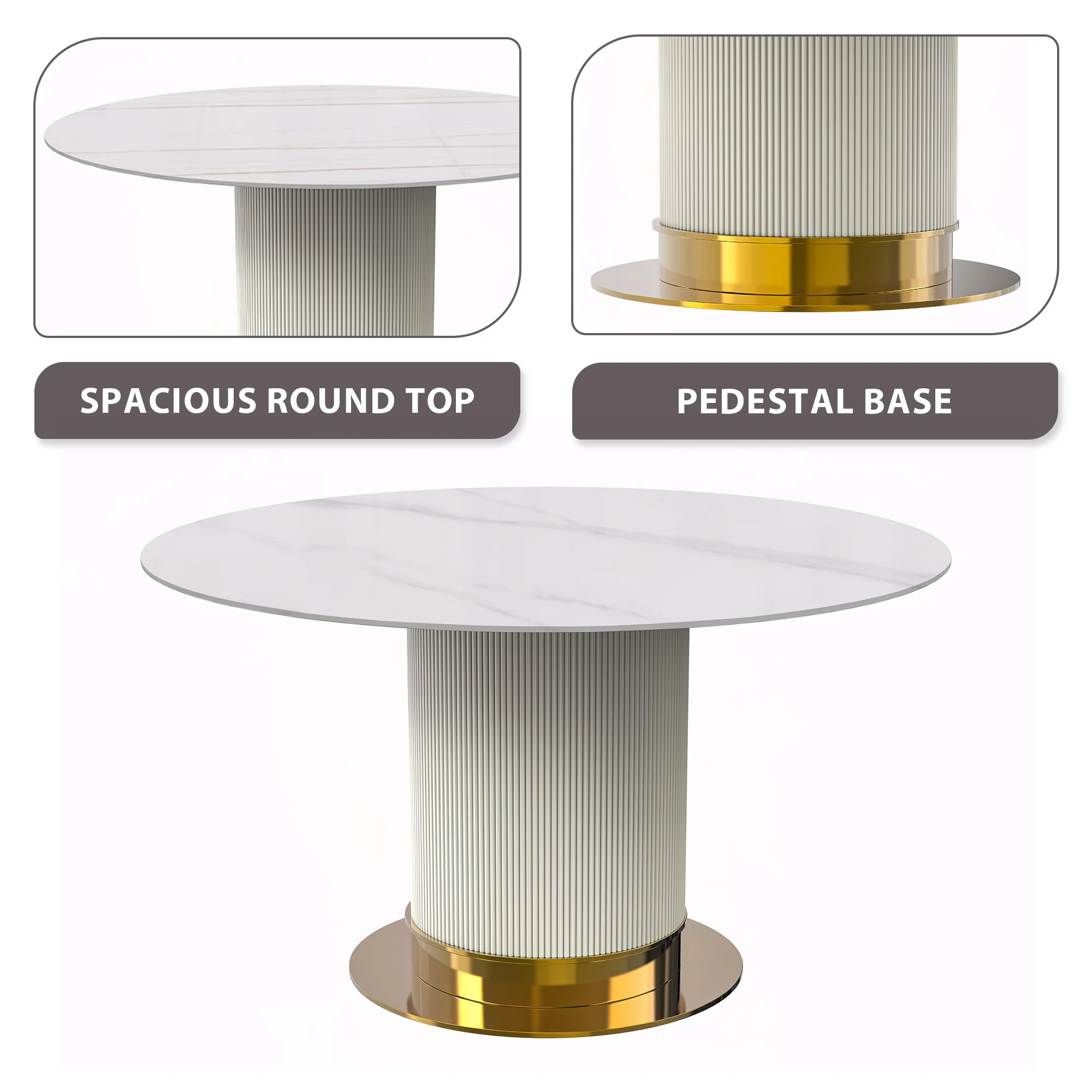 Jexis Series Round Dining Table White\Gold Base with 60 Round Solid White Sintered Stone Top