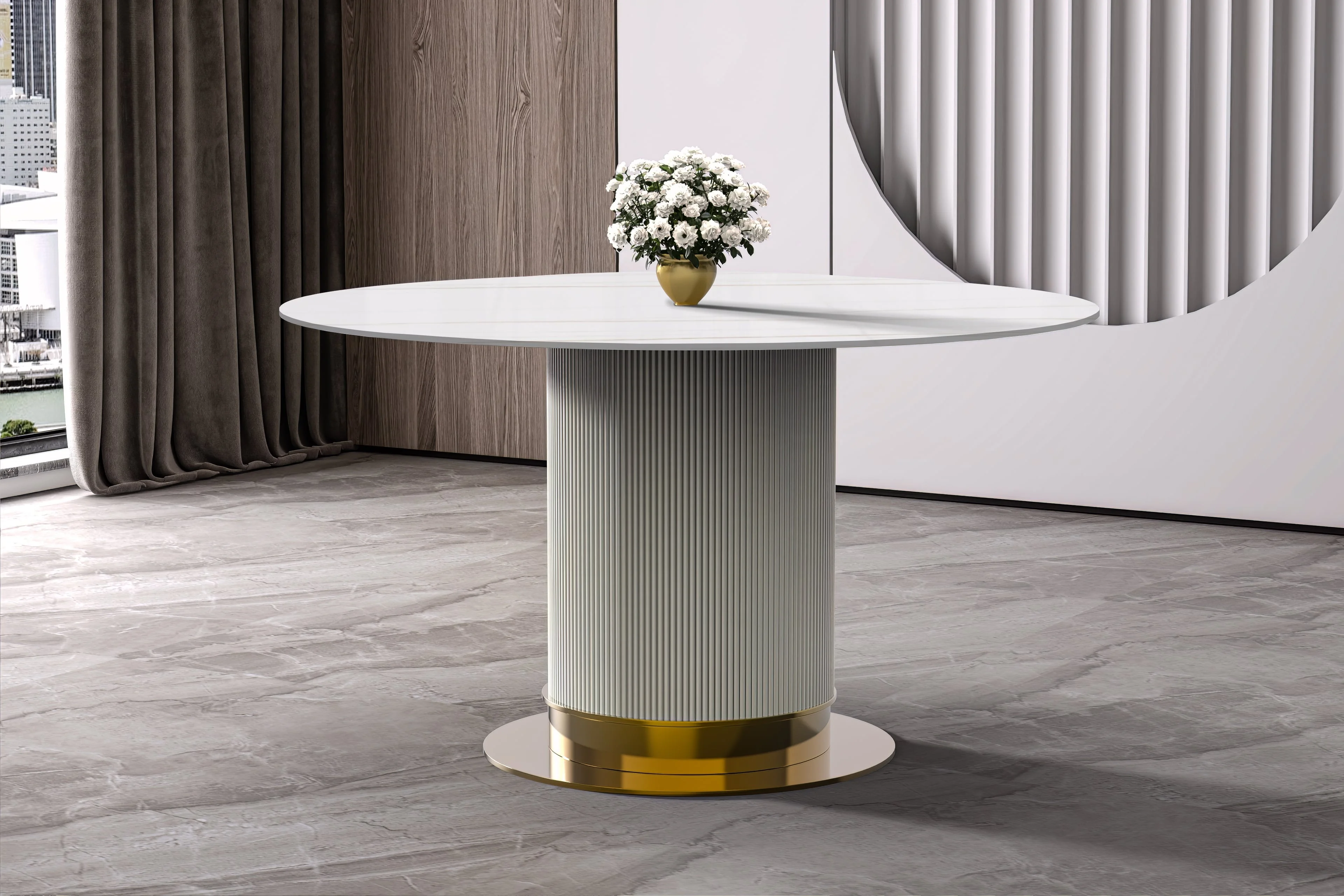 Jexis Series Round Dining Table White\Gold Base with 60 Round White/Gold Sintered Stone Top