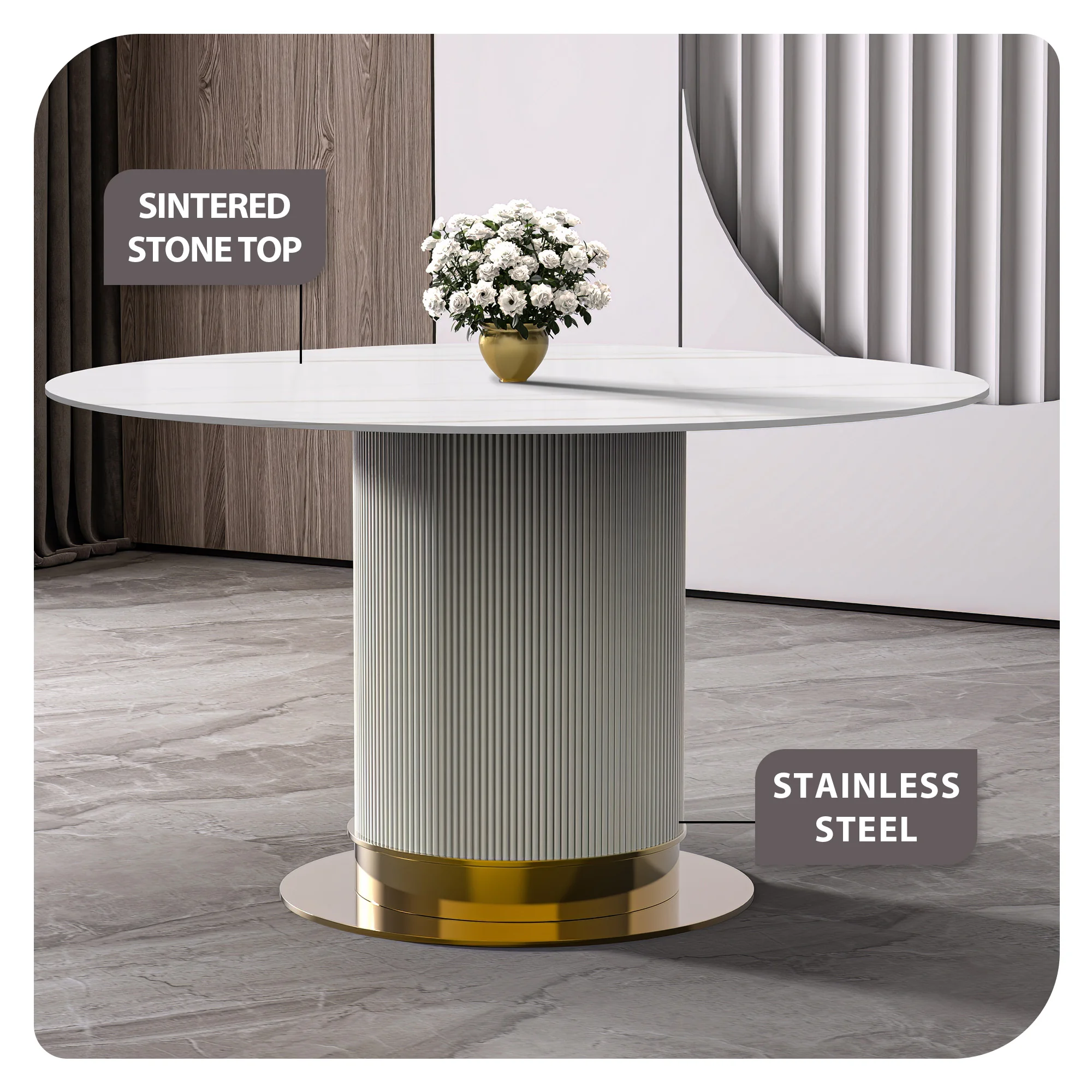 Jexis Series Round Dining Table White\Gold Base with 60 Round White/Gold Sintered Stone Top