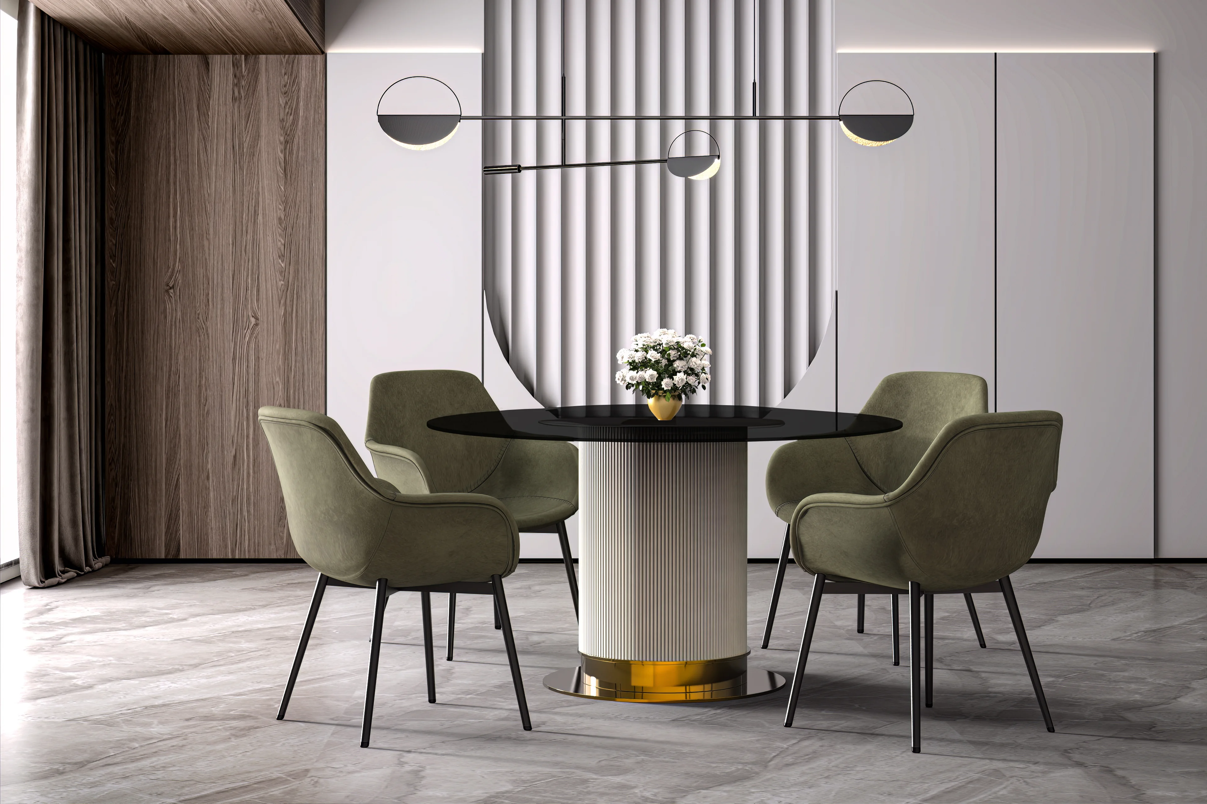 Jexis Series Round Dining Ta...Gold Base with 71" Round BLack Glass Top