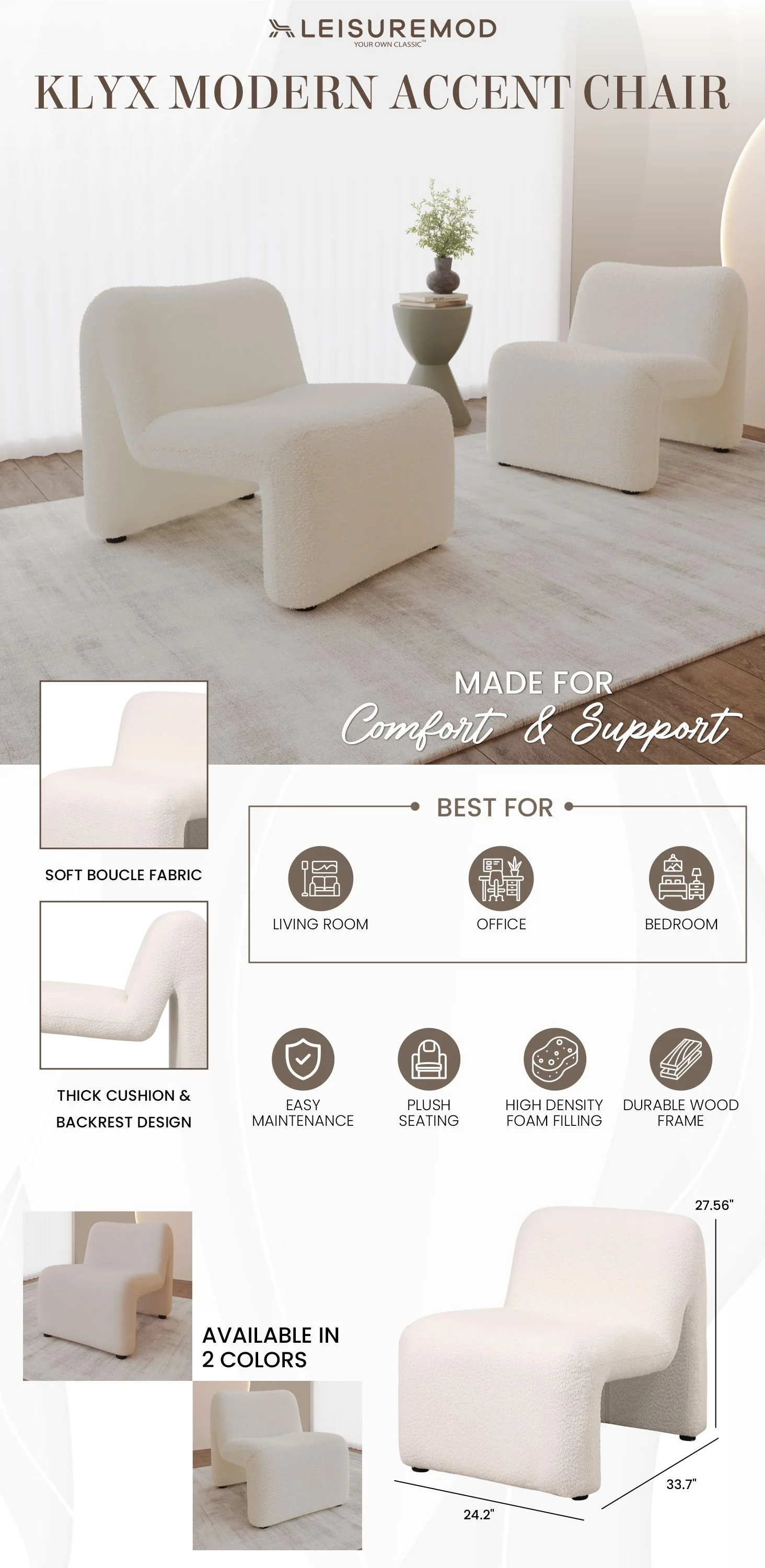 Klyx Collection Modern Accent Chair in White Boucle