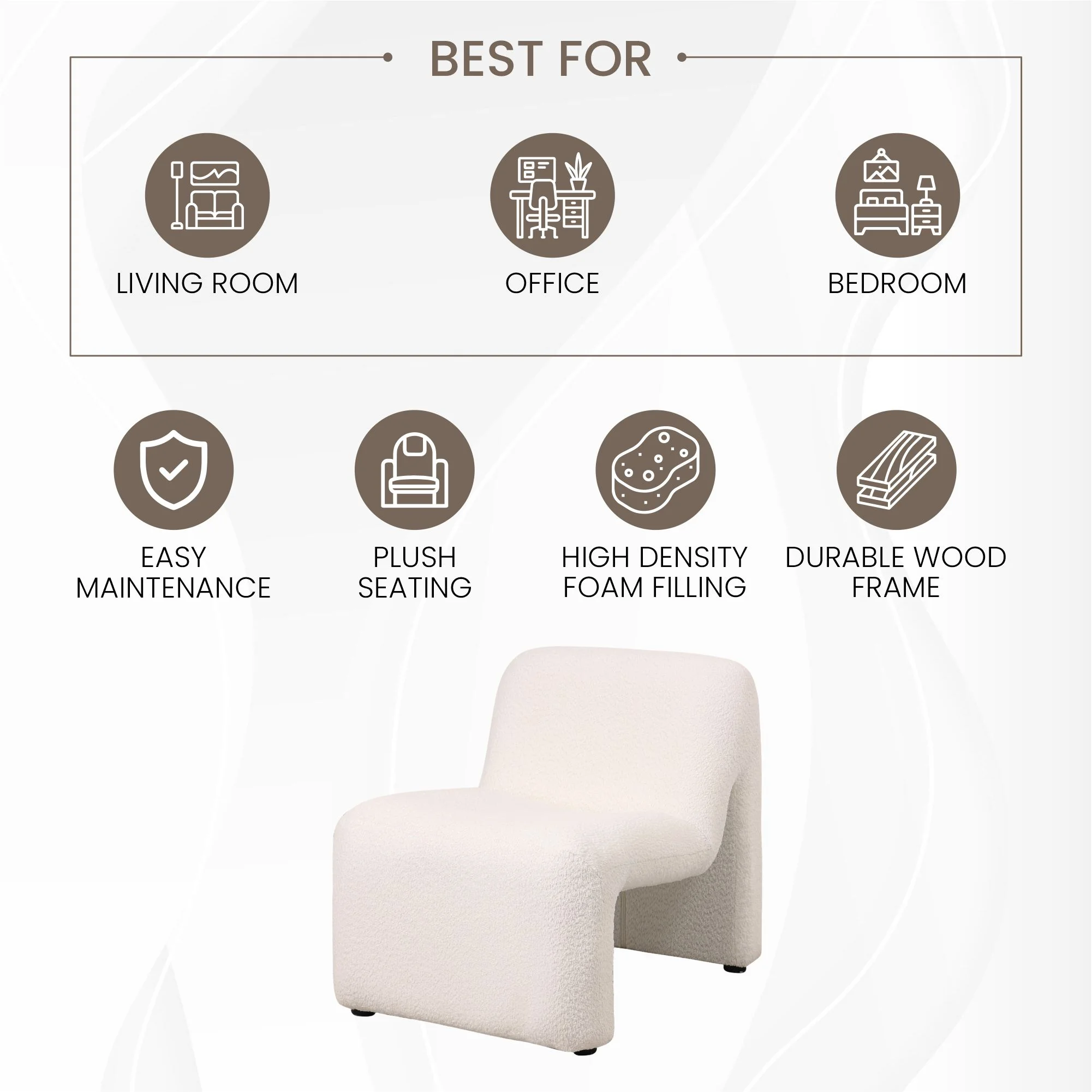 Klyx Collection Modern Accent Chair in White Boucle