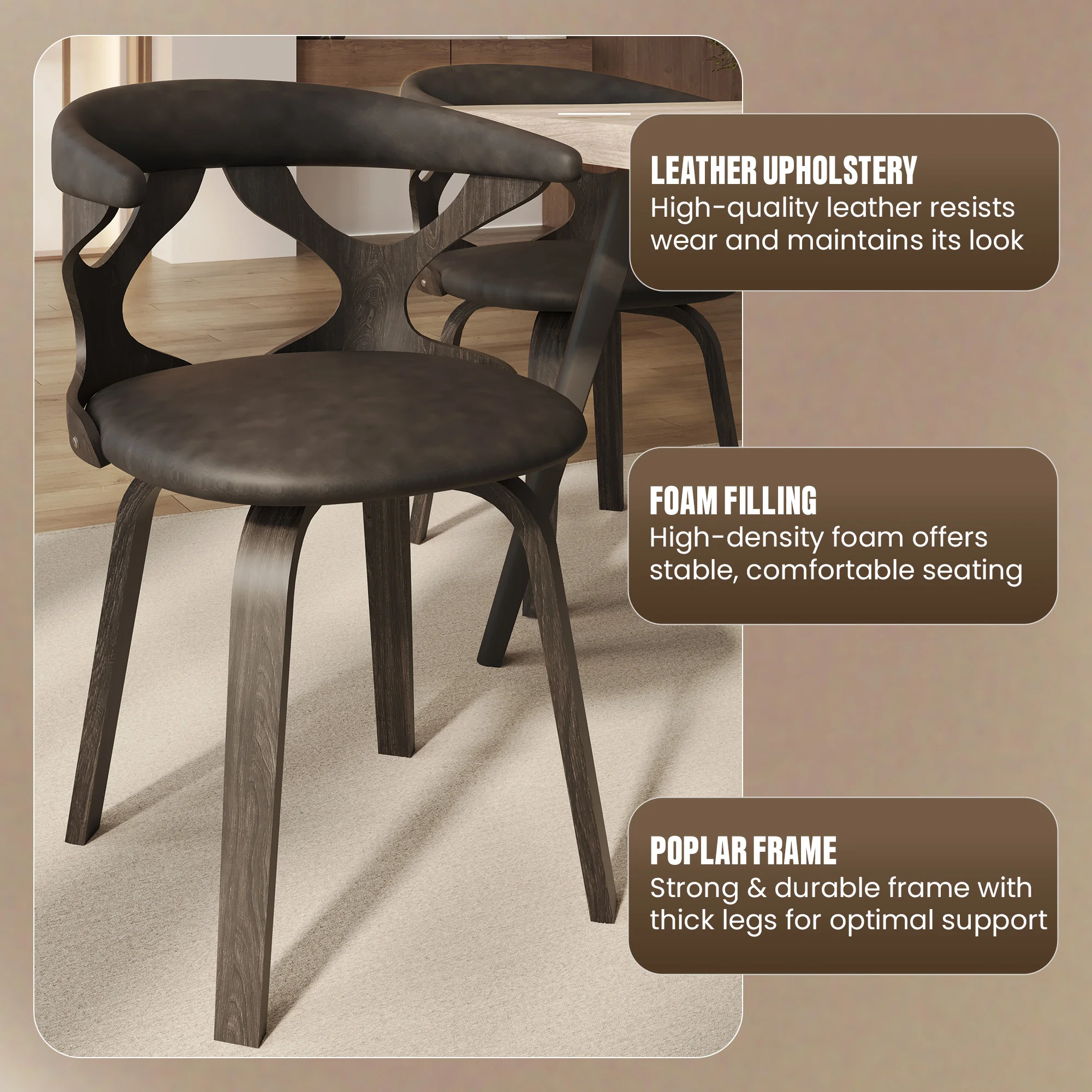 Modern Wooden Dining Chair, Dark Walnut Frame in Brown, Klyne Collection By LeisrueMod