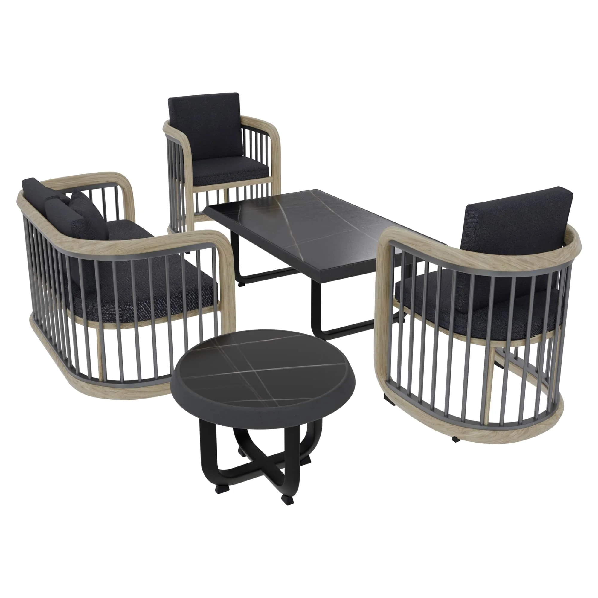 Klyra 5-Piece Aluminum Conversation Set with 2 accent chair, sofa, coffee table, side table in Grey