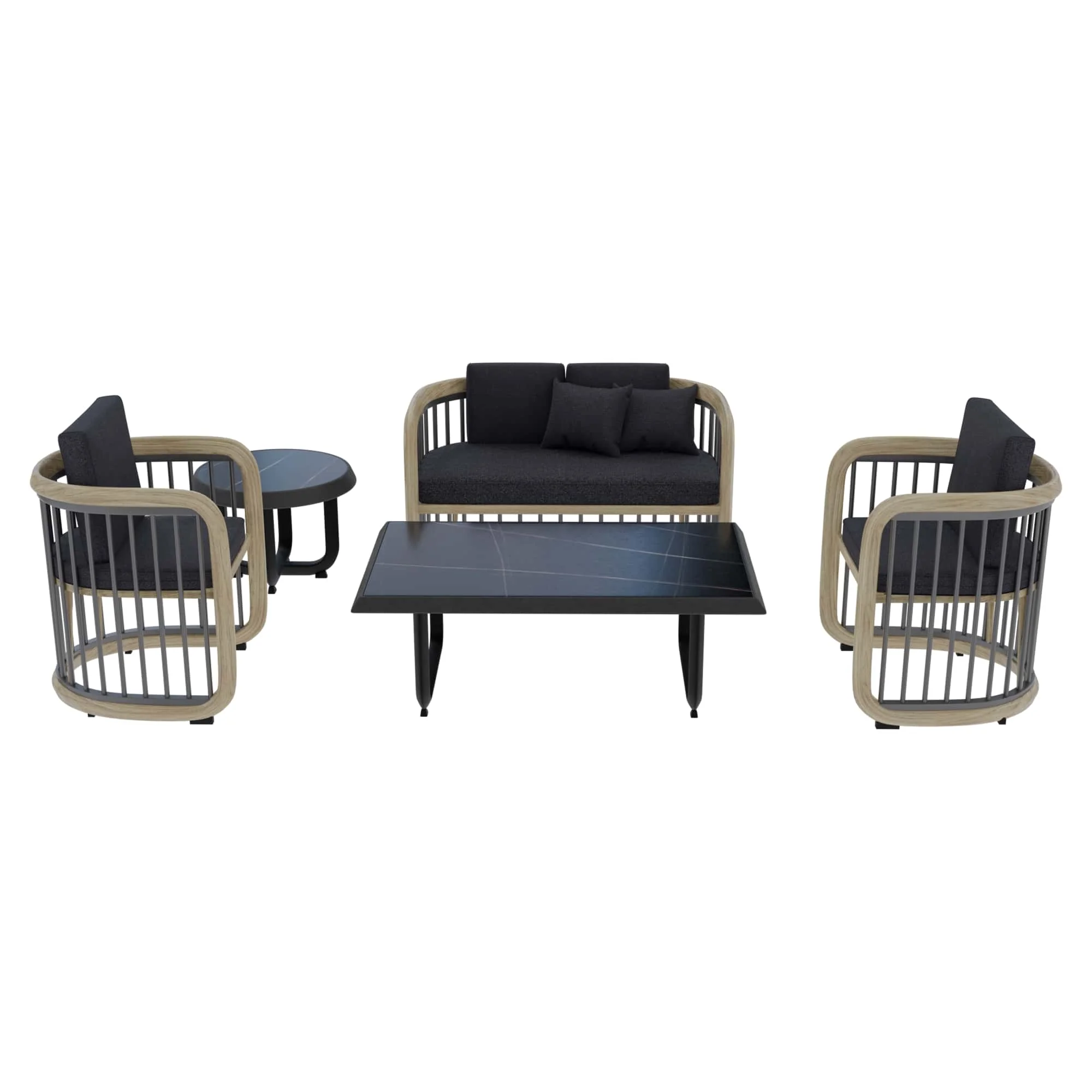 Klyra 5-Piece Aluminum Conversation Set with 2 accent chair, sofa, coffee table, side table in Grey
