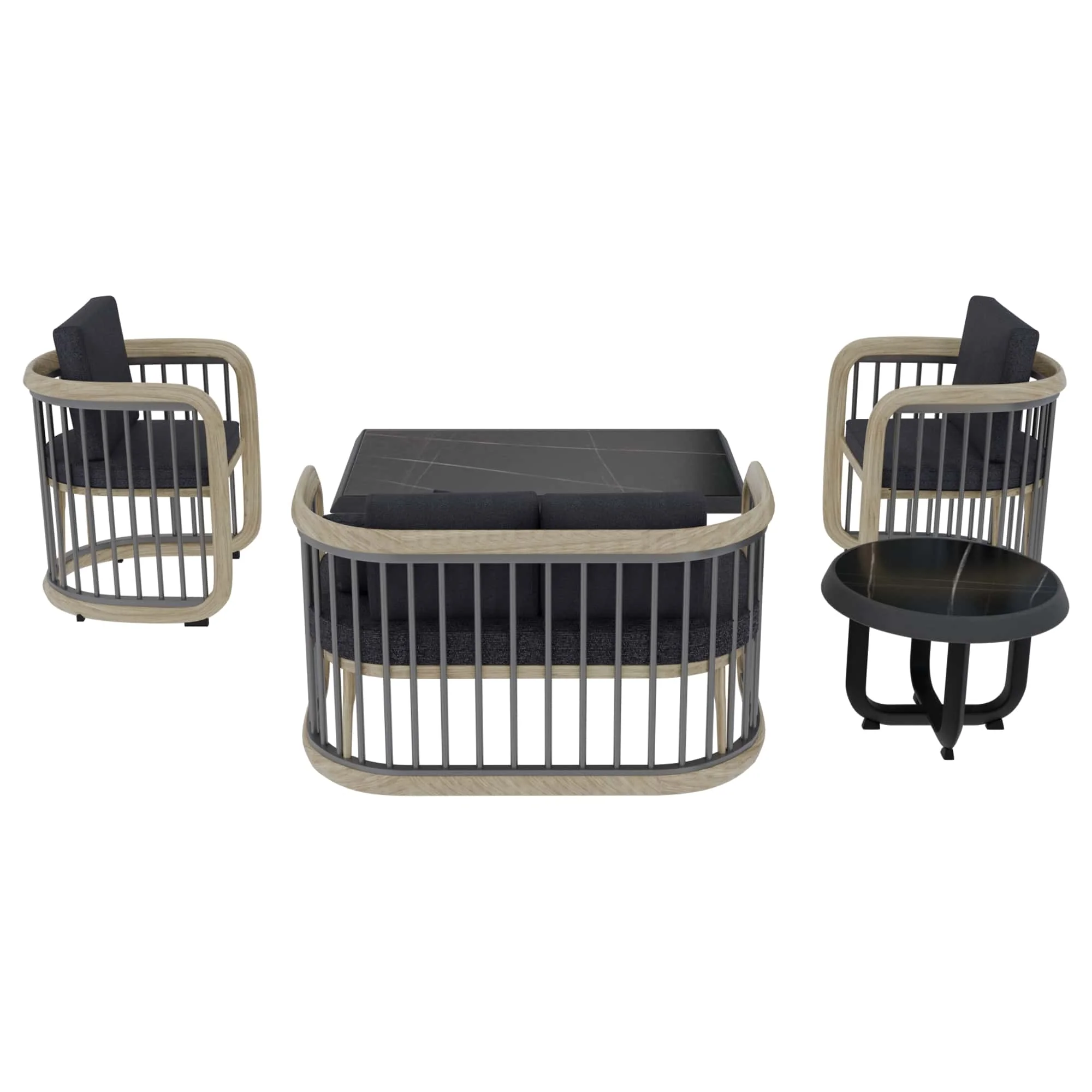 Klyra 5-Piece Aluminum Conversation Set with 2 accent chair, sofa, coffee table, side table in Grey