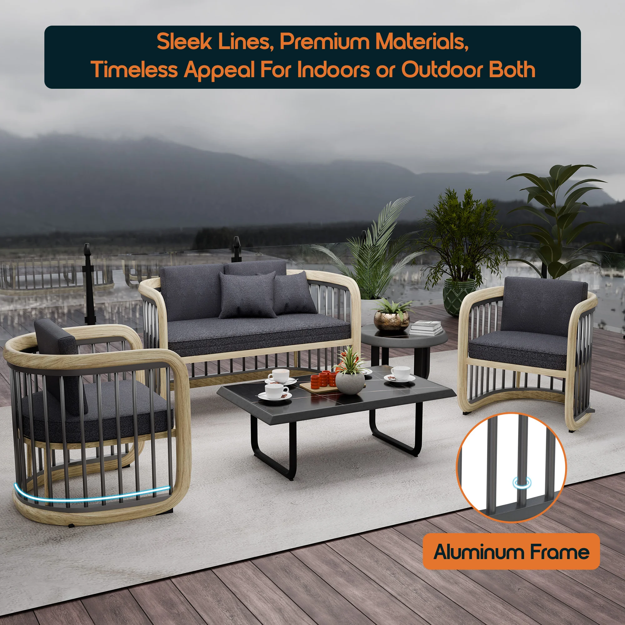 Klyra 5-Piece Aluminum Conversation Set with 2 accent chair, sofa, coffee table, side table in Grey