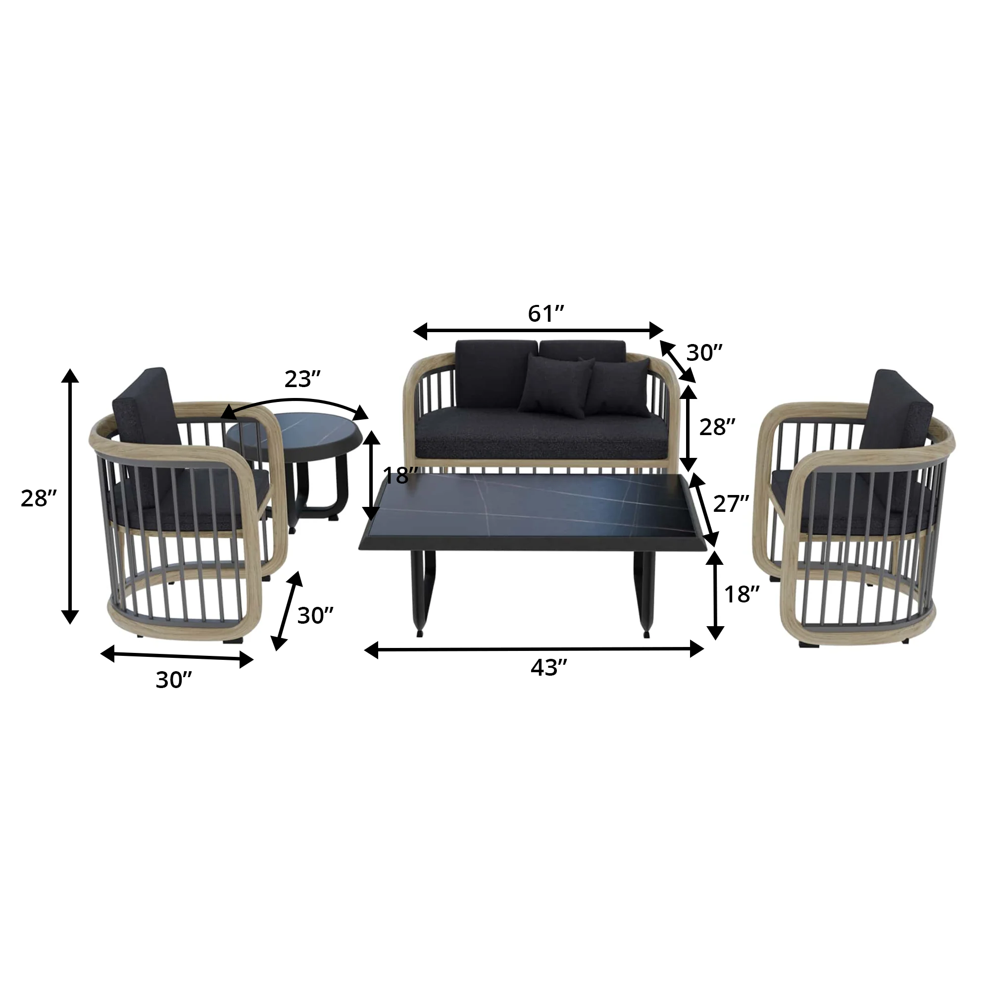 Klyra 5-Piece Aluminum Conversation Set with 2 accent chair, sofa, coffee table, side table in Grey