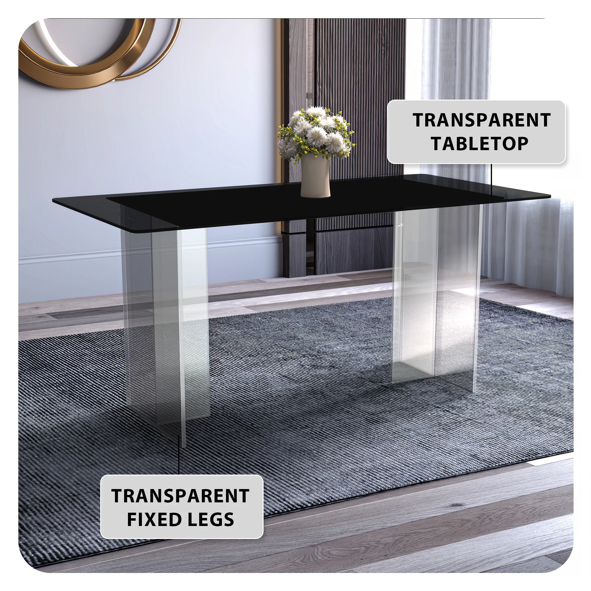Kova Series Dining Table, Clear Base with 55" Black Glass Top