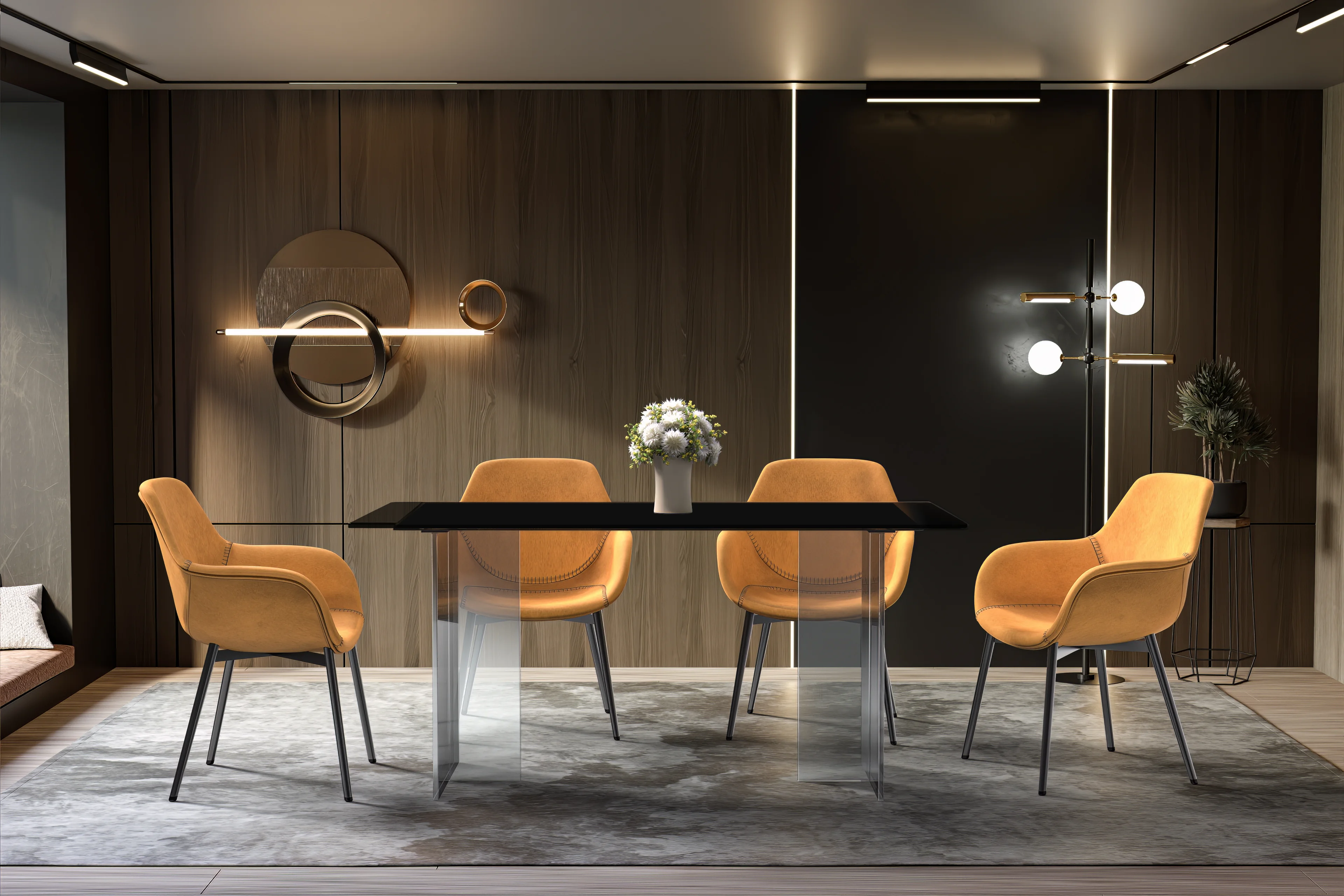 Kova Series Dining Table, Clear Base with 55" Black Glass Top