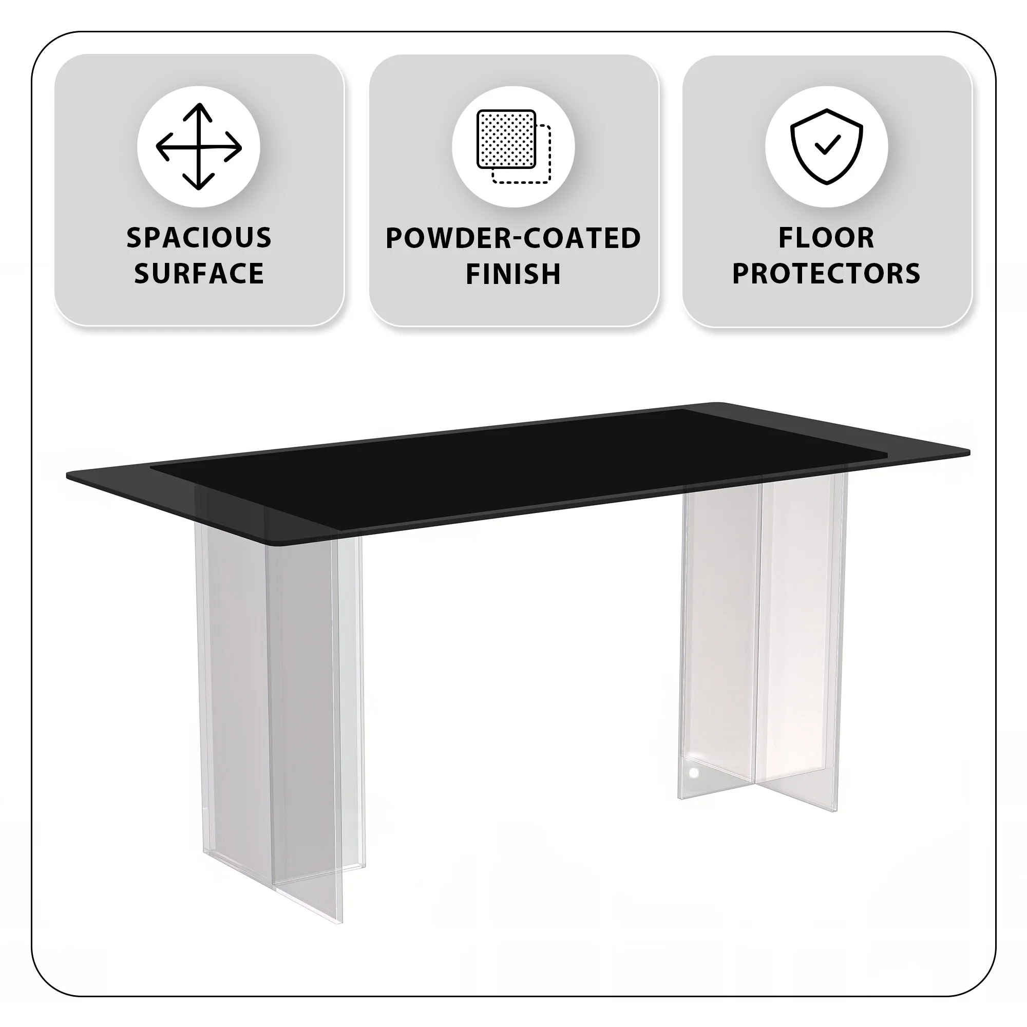Kova Series Dining Table, Clear Base with 55" Black Glass Top