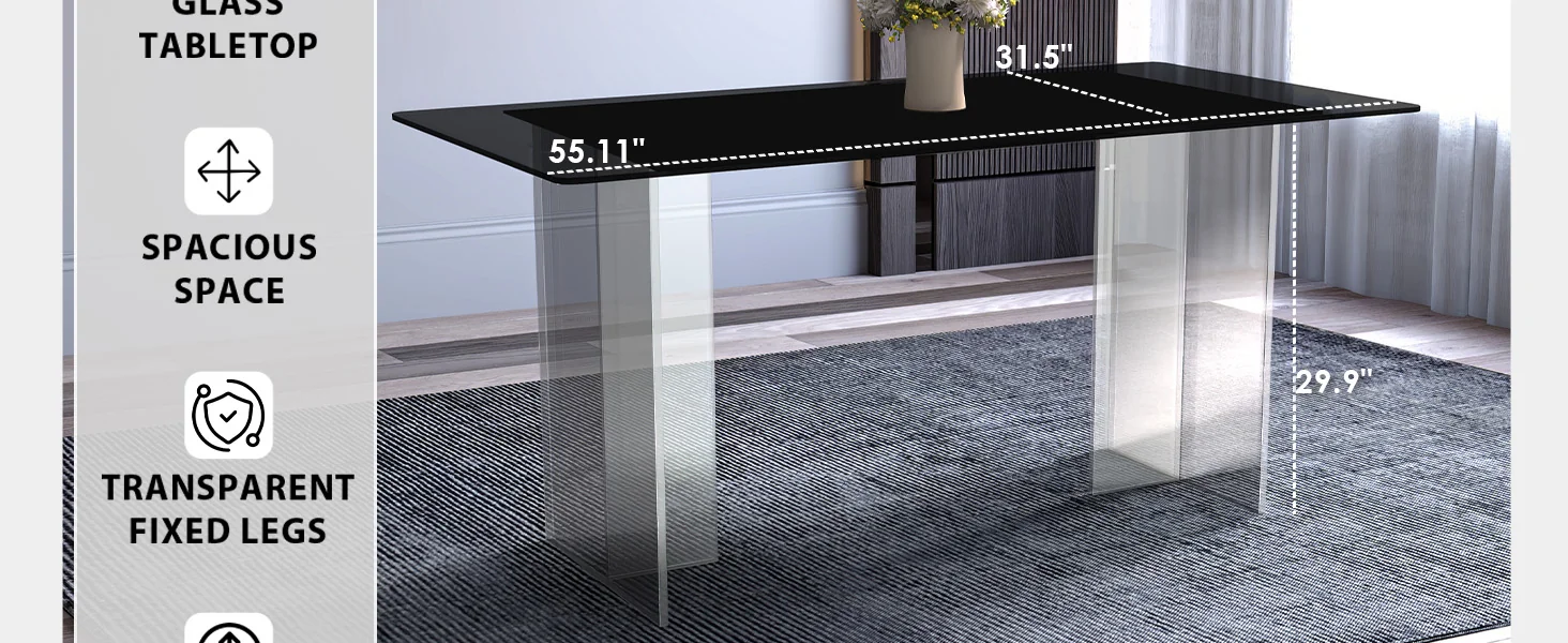 Kova Series Dining Table, Clear Base with 55" Black Glass Top