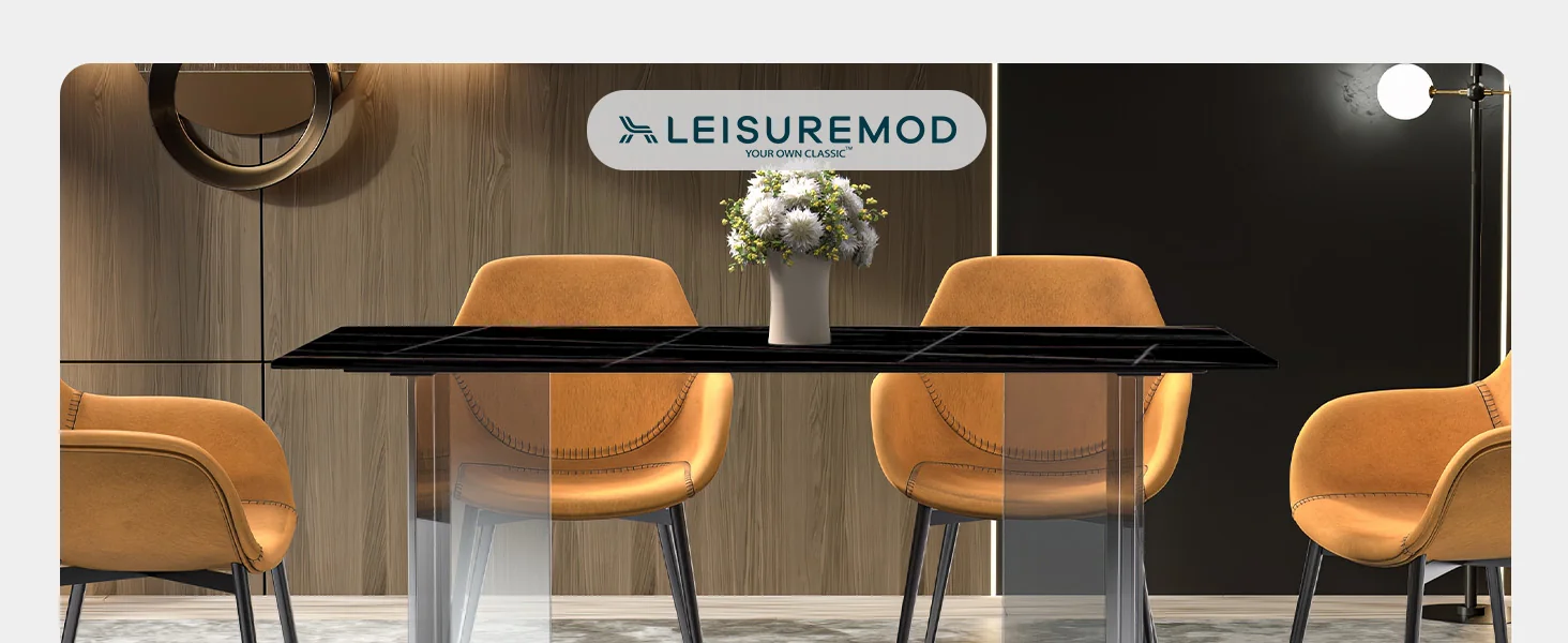 Kova Series Dining Table, Clear Base with 55" Black/Gold Sintered Stone Top