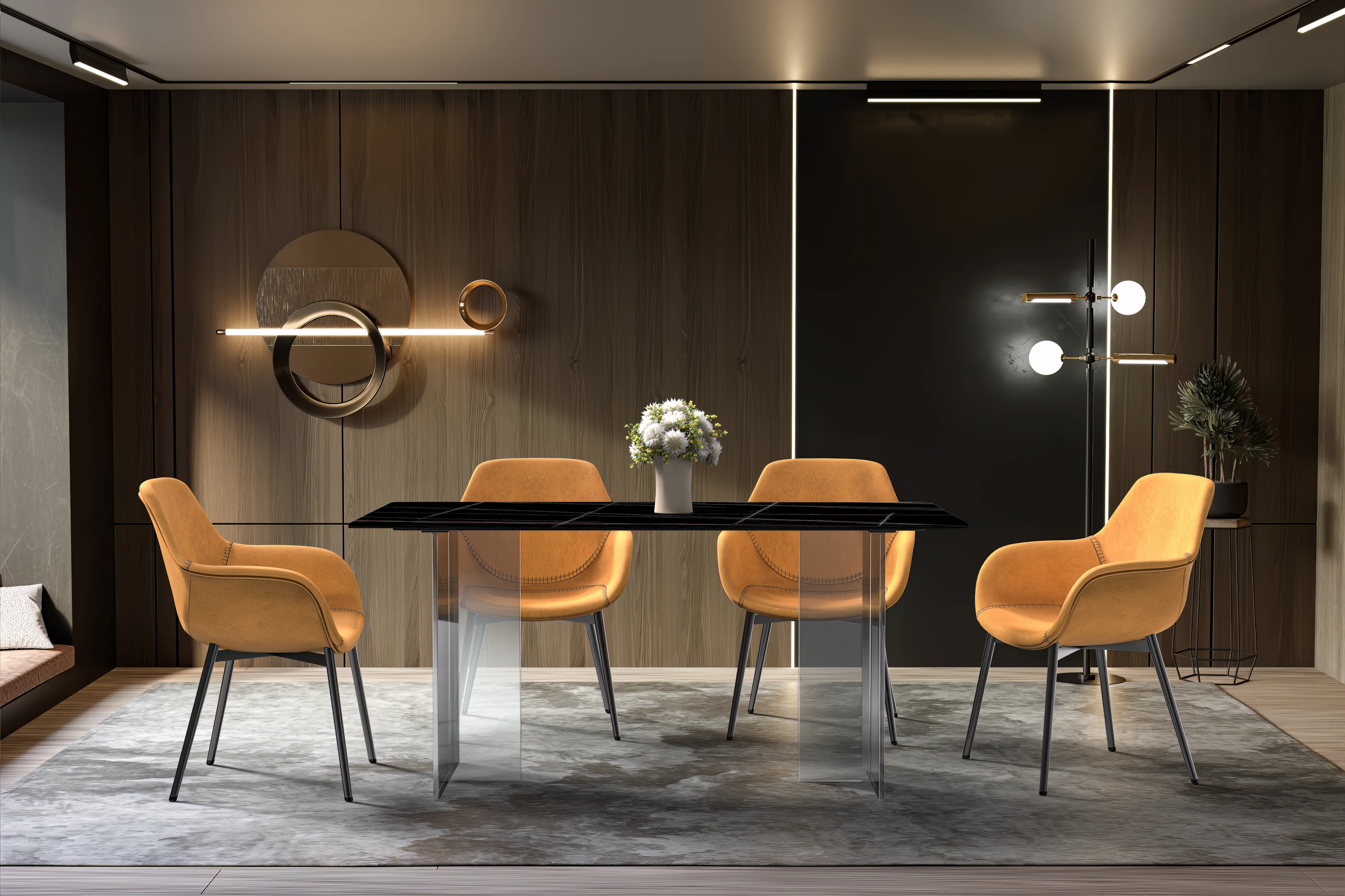 Kova Series Dining Table, Clear Base with 55" Black/Gold Sintered Stone Top