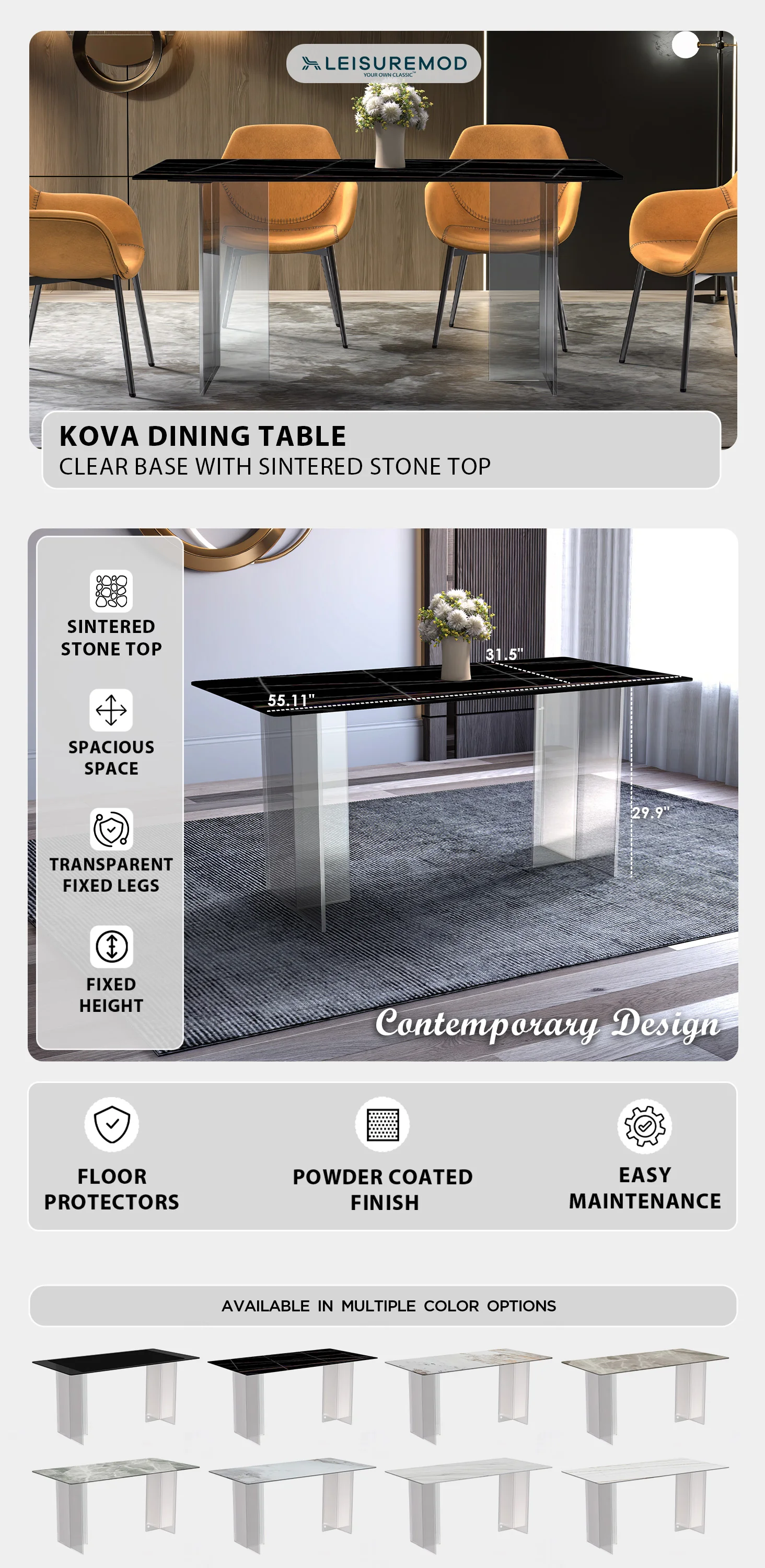 Kova Series Dining Table, Clear Base with 55" Black/Gold Sintered Stone Top