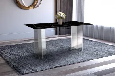 Kova Series Dining Table, Clear Base with 55" Black/Gold Sintered Stone Top